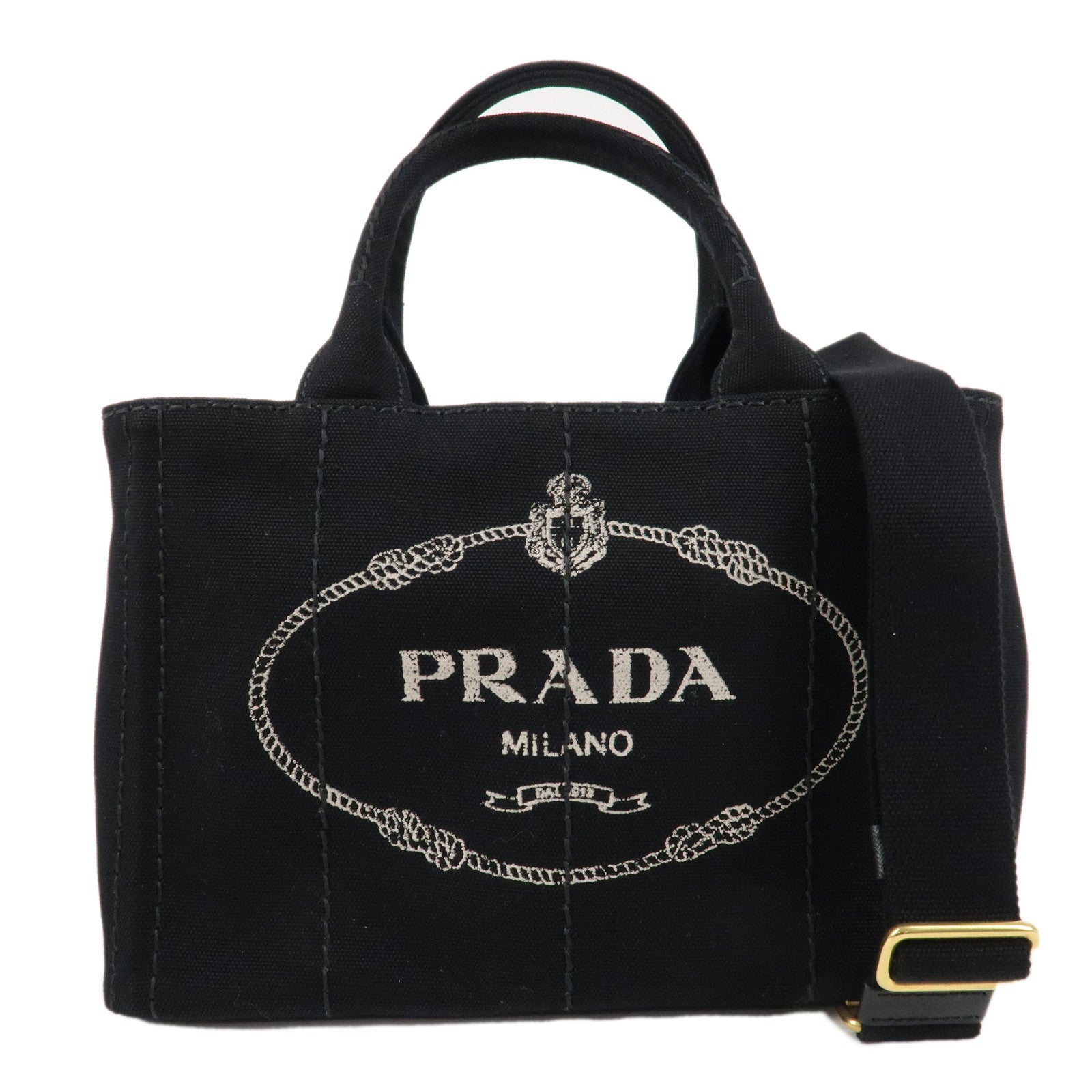 PRADA-Logo-Canapa-Canvas-2way-Tote-Bag-Hand-Bag-Black-BN2642