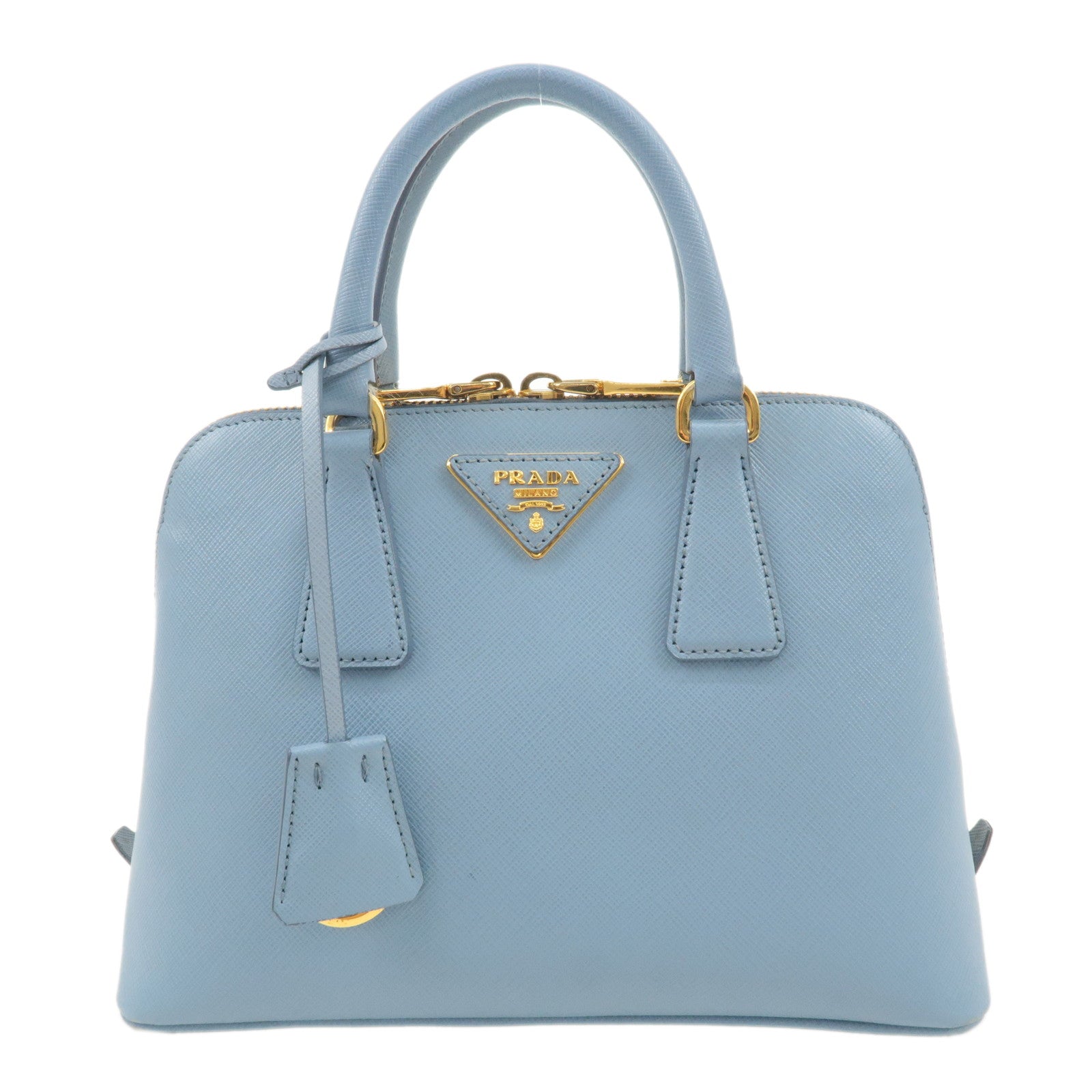 PRADA Triangle Logo Saffiano Leather Hand Bag Light Blue