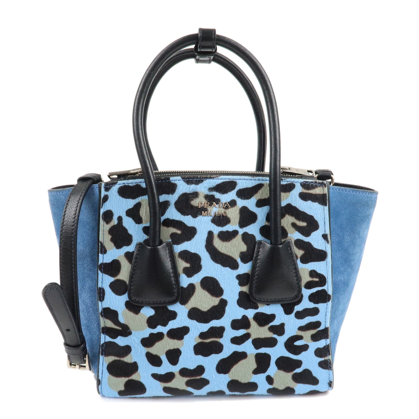 PRADA-Unborn-Calf-Suede-Leather-2Way-Hand-Bag-Blue-Black-1BA025