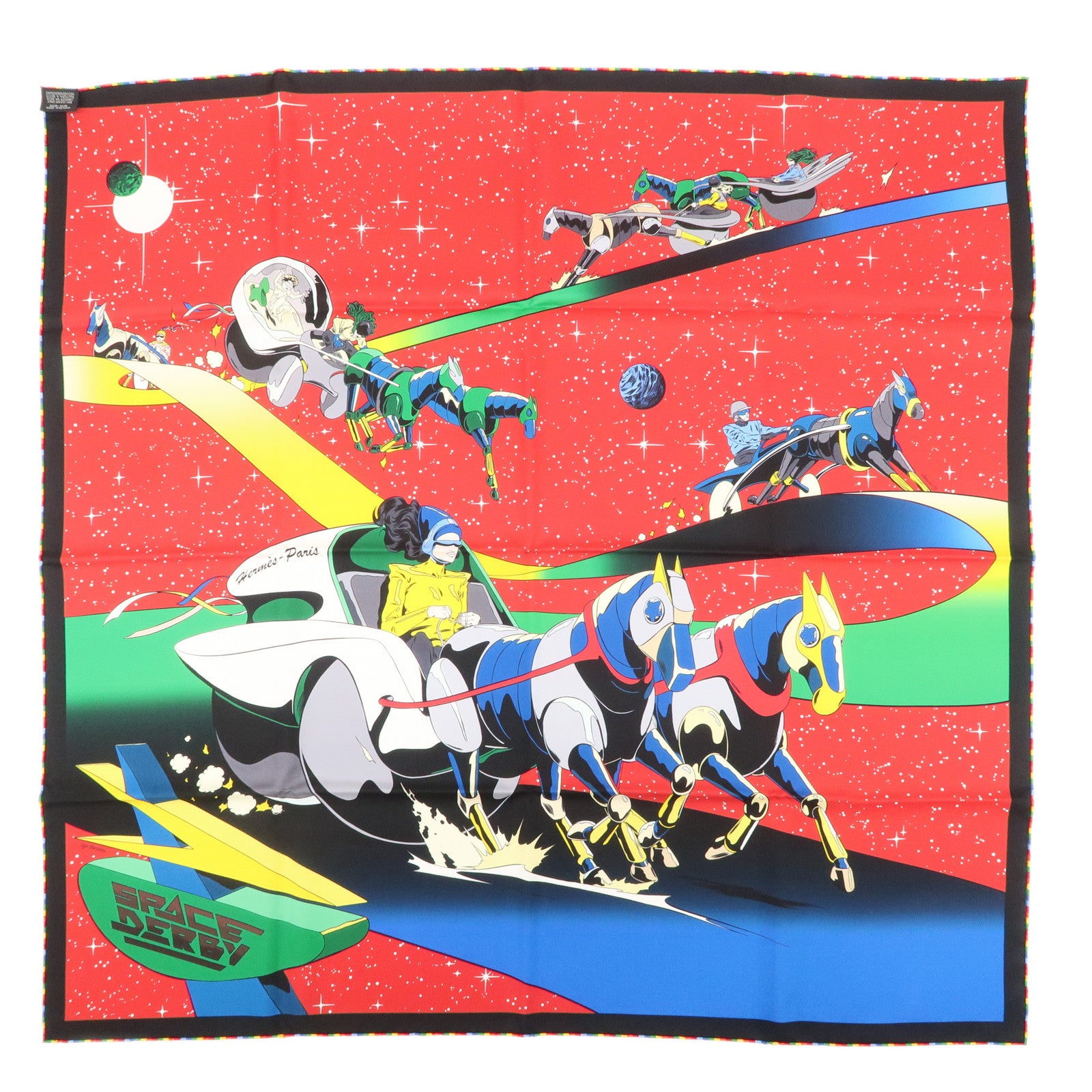 HERMES-Carre90-Silk-100%-Scarf-SPACE-DERBY-Red-Blue-Black