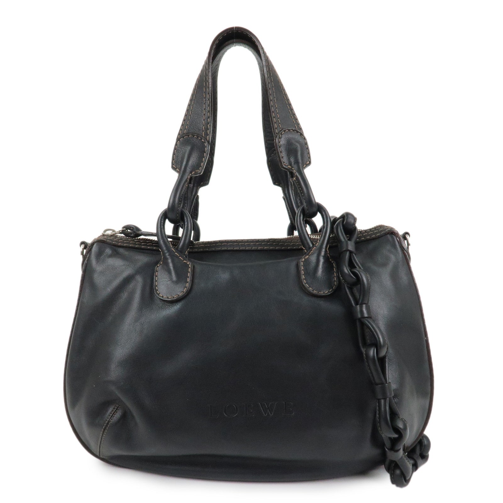 LOEWE-Sangria-Leather-2Way-Tote-Bag-Black-Silver-Hardware