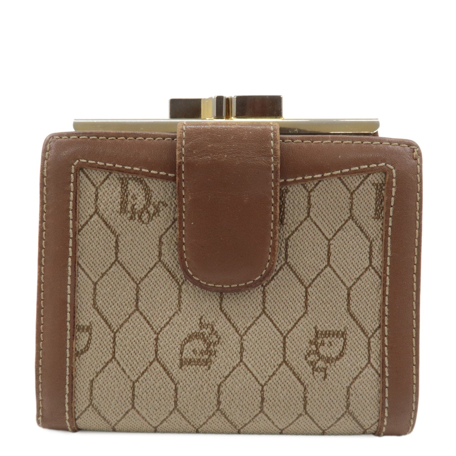 Christian-Dior-Honeycomb-PVC-Leather-Bi-fold-Wallet-Beige-Brown