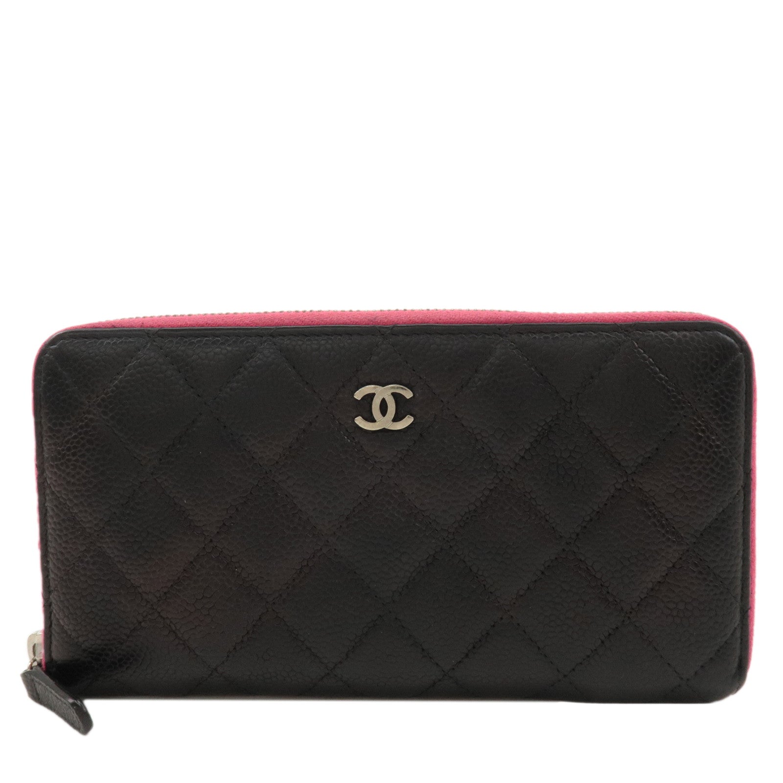 CHANEL-Caviar-Skin-Zip-Round-Long-Wallet-Black-Pink