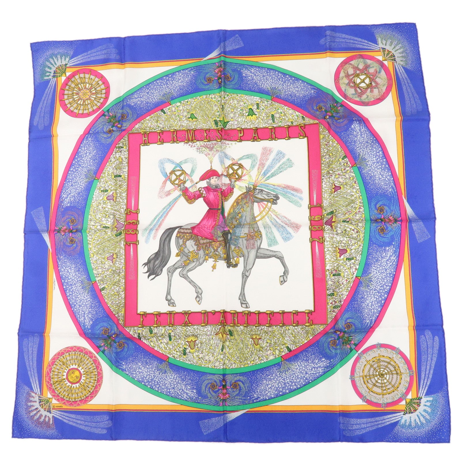 Hermes-Carre-90-Silk-100%-Scarf-Feux-D
Artifice-Horse-Print-Blue