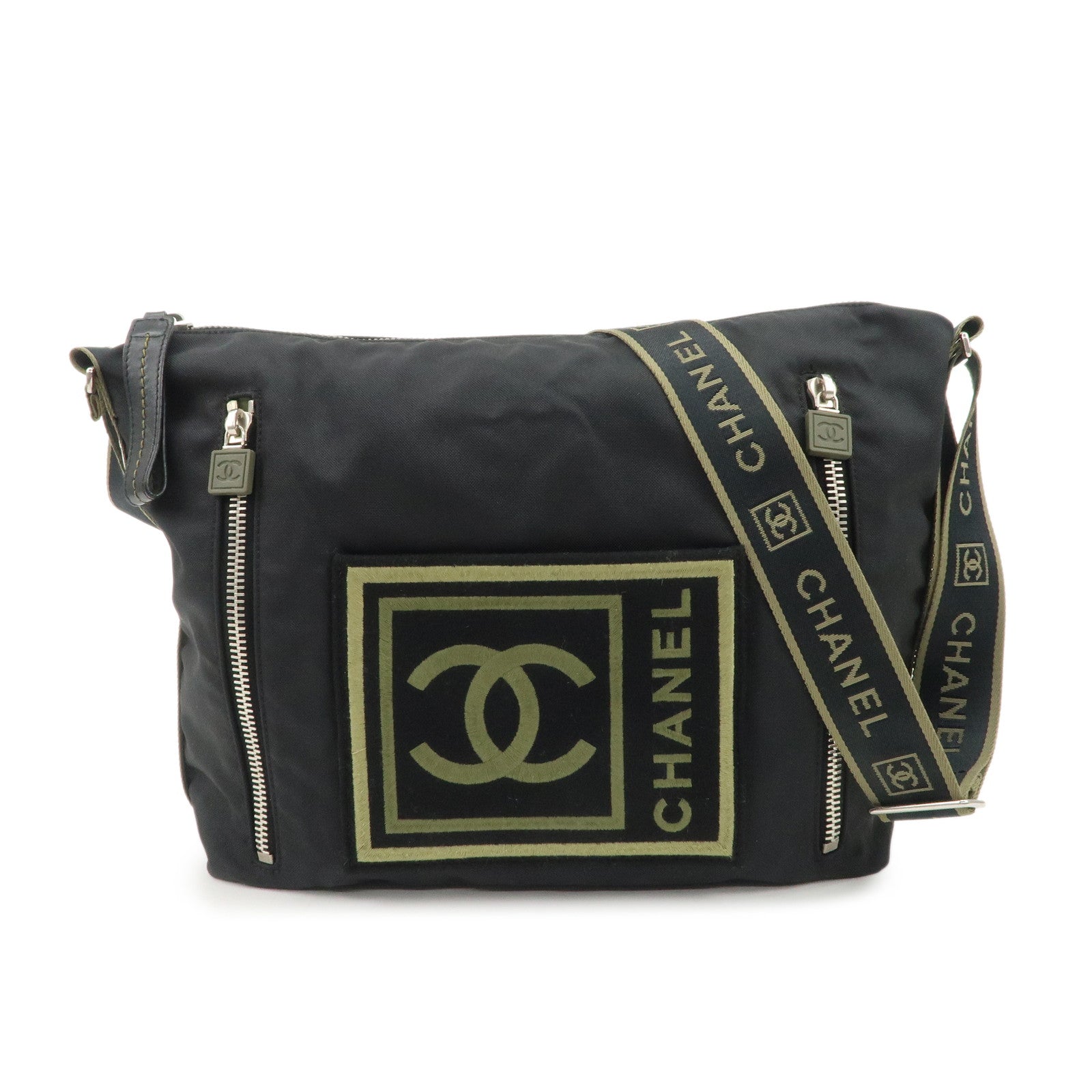 CHANEL-Sports-Nylon-COCO-Mark-Shoulder-Bag-Black-Khaki