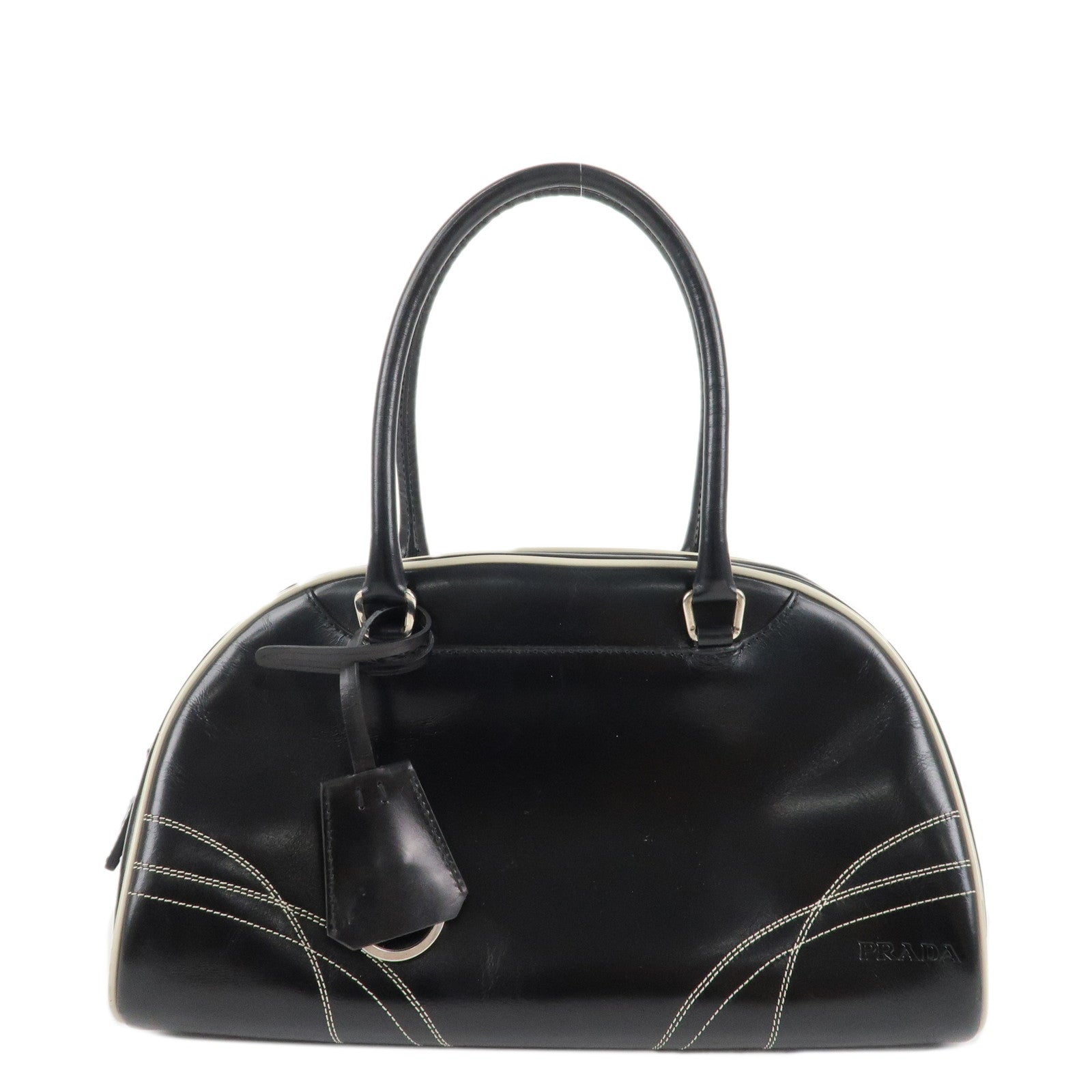 PRADA-Leather-Mini-Boston-Bag-Shoulder-Bag-Black-Silver-HDW