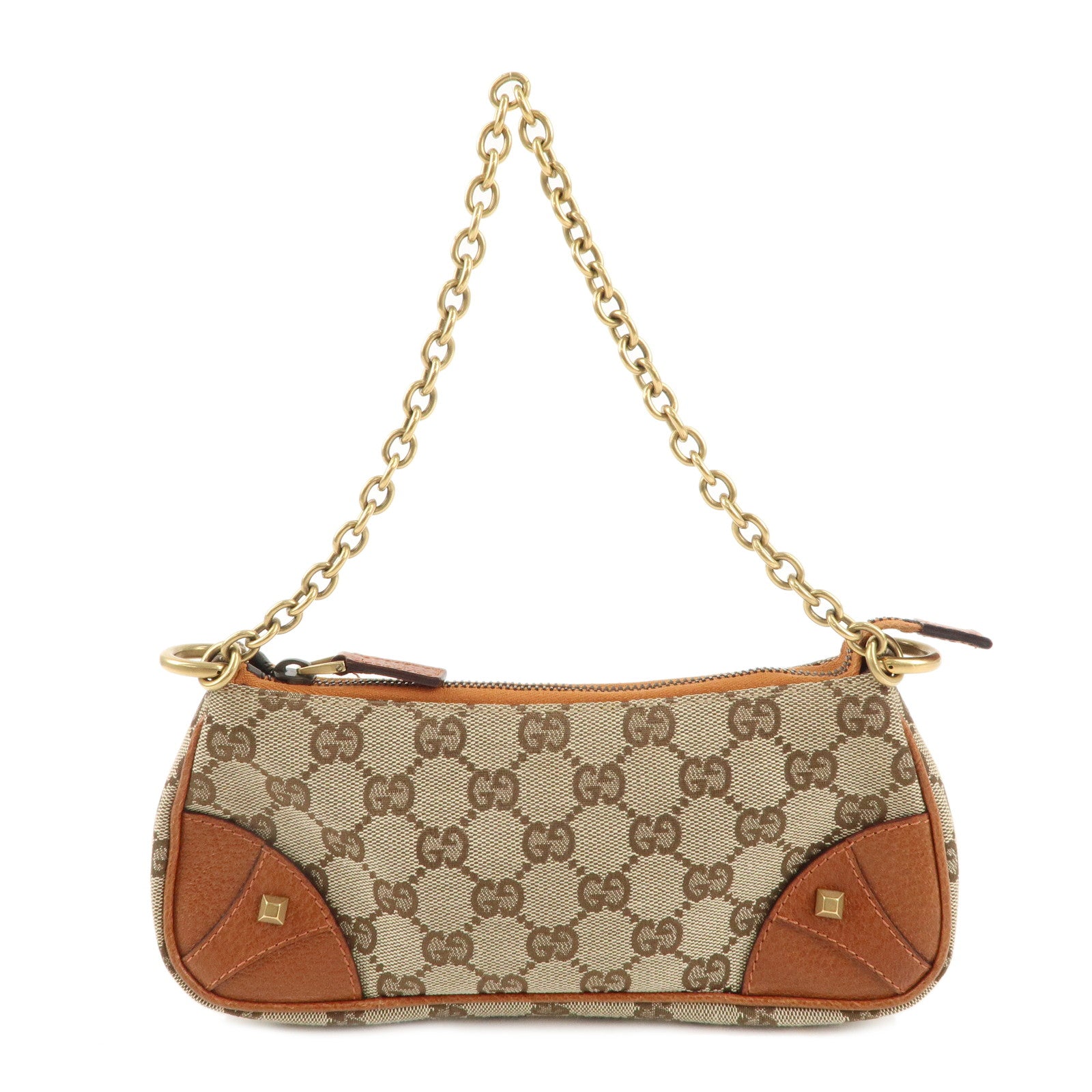 GUCCI-GG-Canvas-Leather-Chain-Hand-Bag-Pouch-Beige-Brown-120940