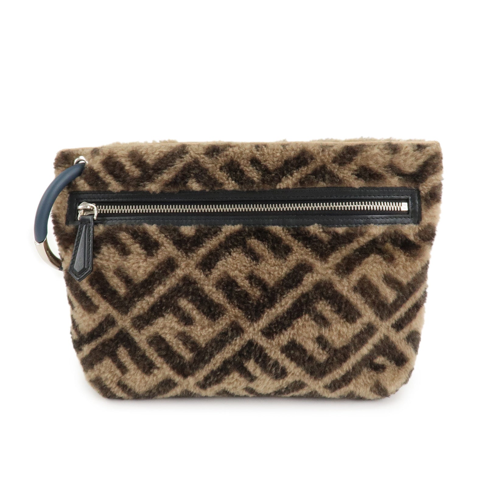 FENDI-Zucca-Wool-Leather-Clutch-Bag-Brown-Black-7N0093