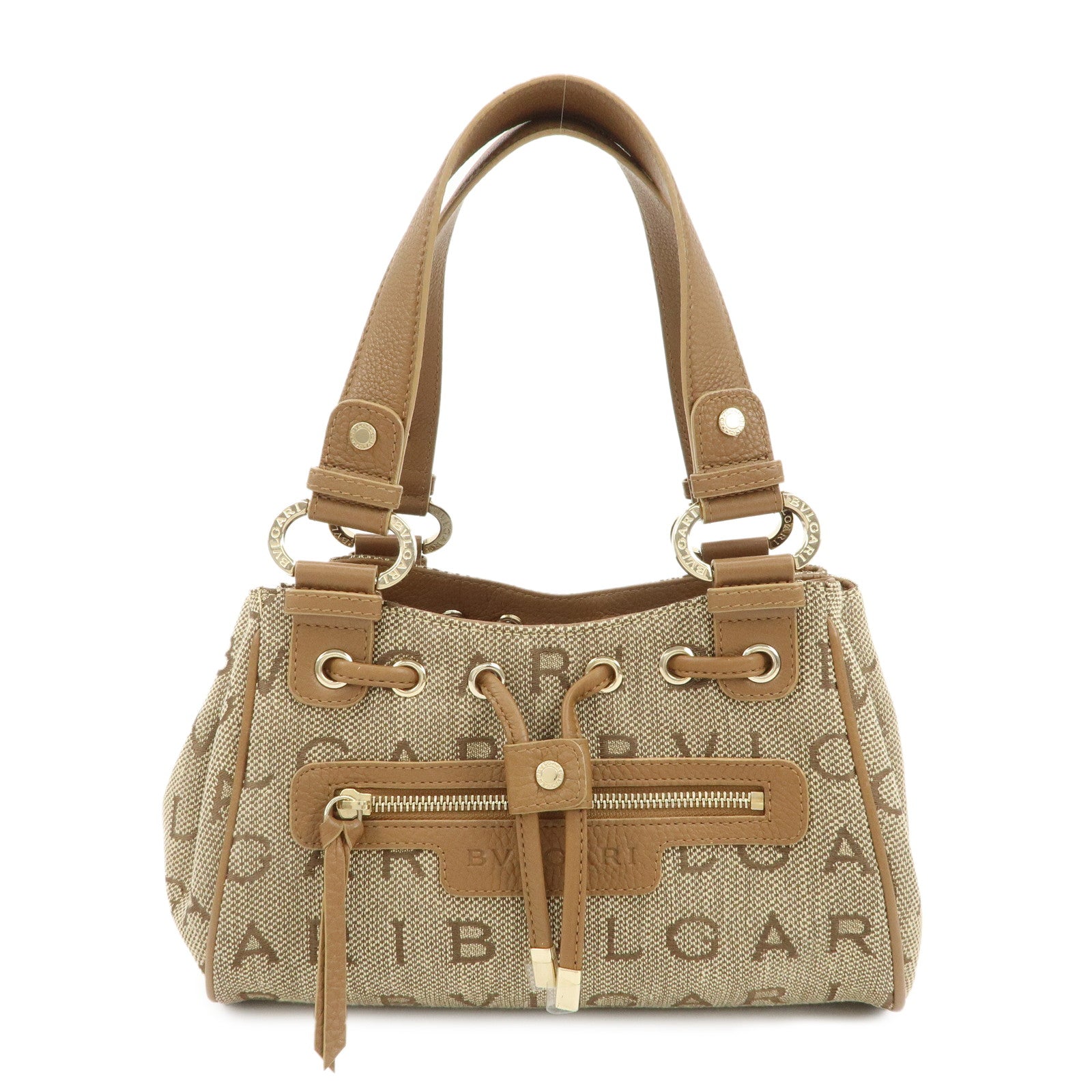 BVLGARI-Logo-Mania-Canvas-Lether-Maxi-Lettere-Tote-Bag-Beige-Brown