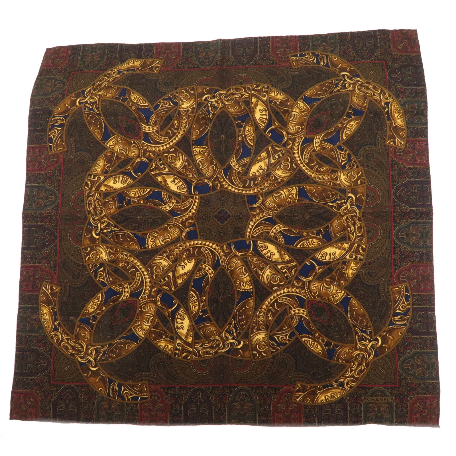 CHANEL Scarf Silk 100 % Chain Paisley Pattern Navy Gold Brown