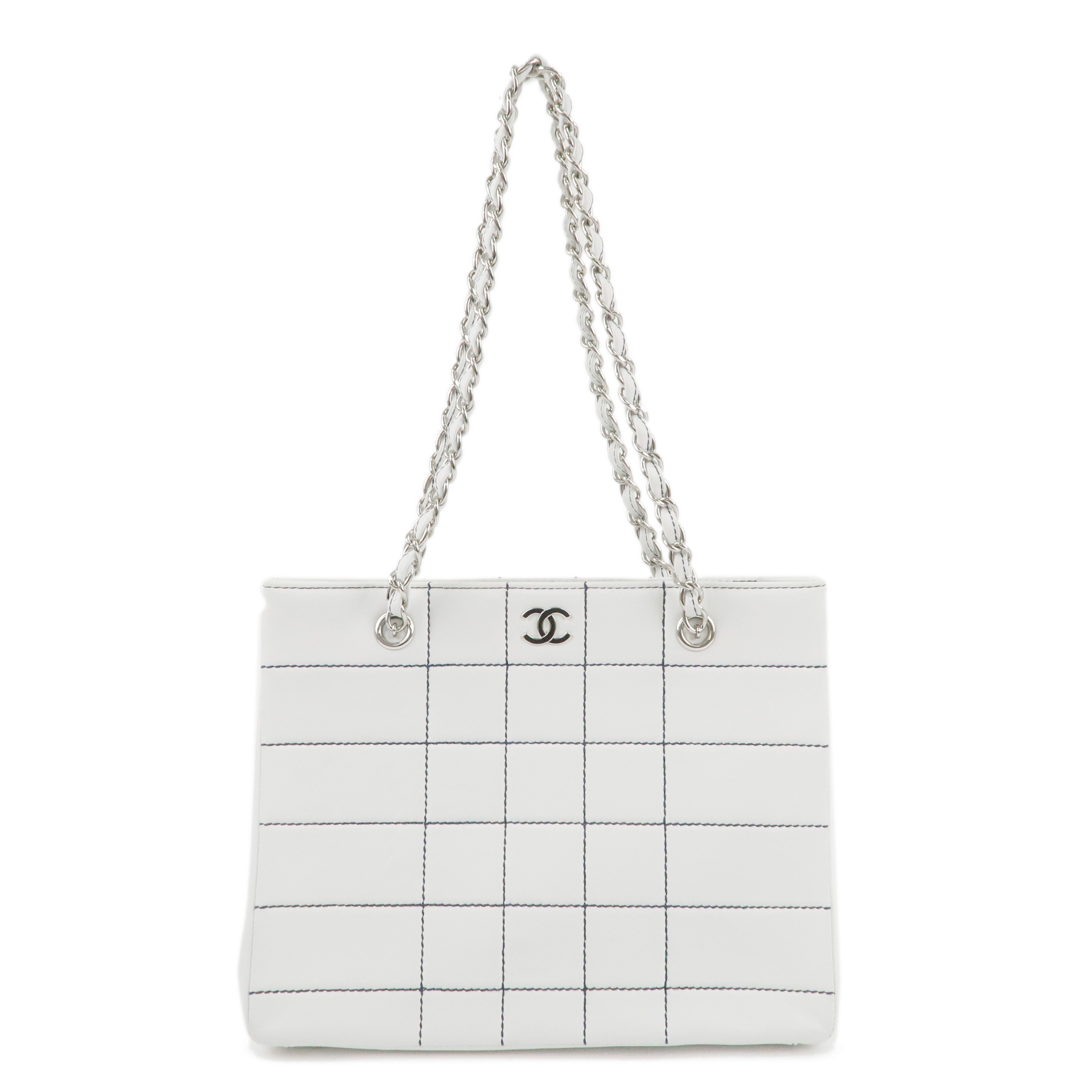 CHANEL Chocolate Bar Lamb Skin Tote Bag White Silver A17859