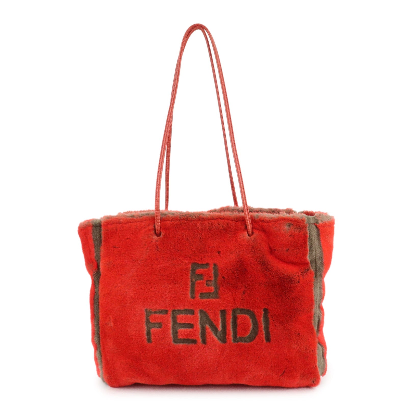 FENDI-Leather-Fake-Fur-Shoulder-Bag-Tote-Bag-Red