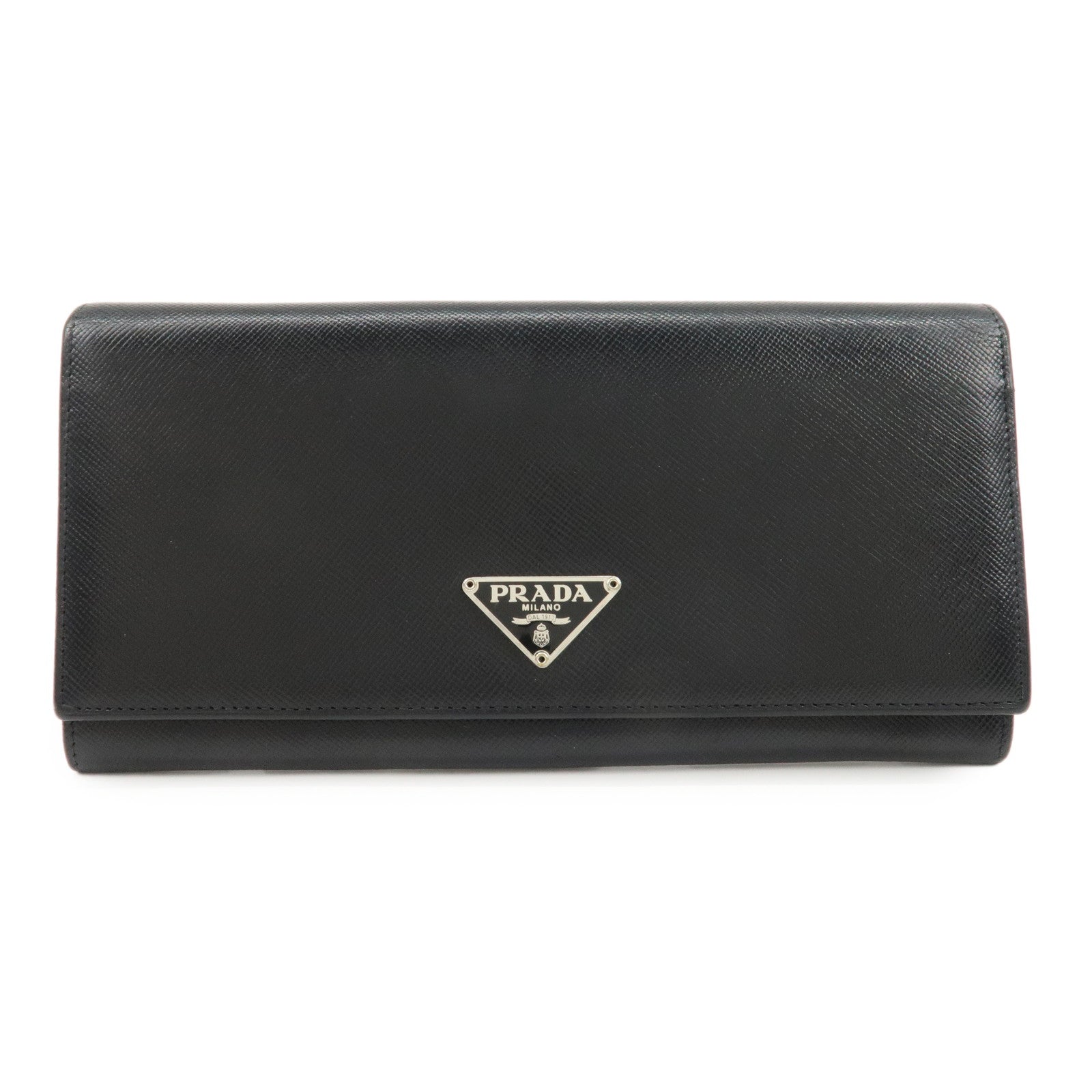 PRADA-Leather-Bi-fold-Long-Wallet-Black-Silver-Hardware