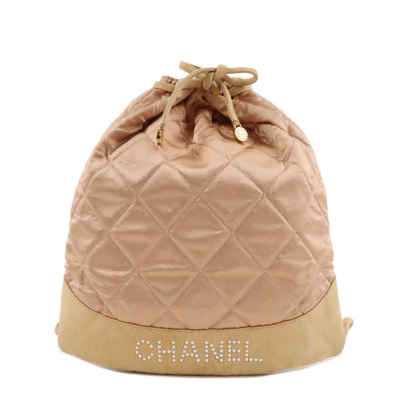 CHANEL-Matelasse-Satin-Suede-Back-Pack-Ruck-Sack-Pink-Beige