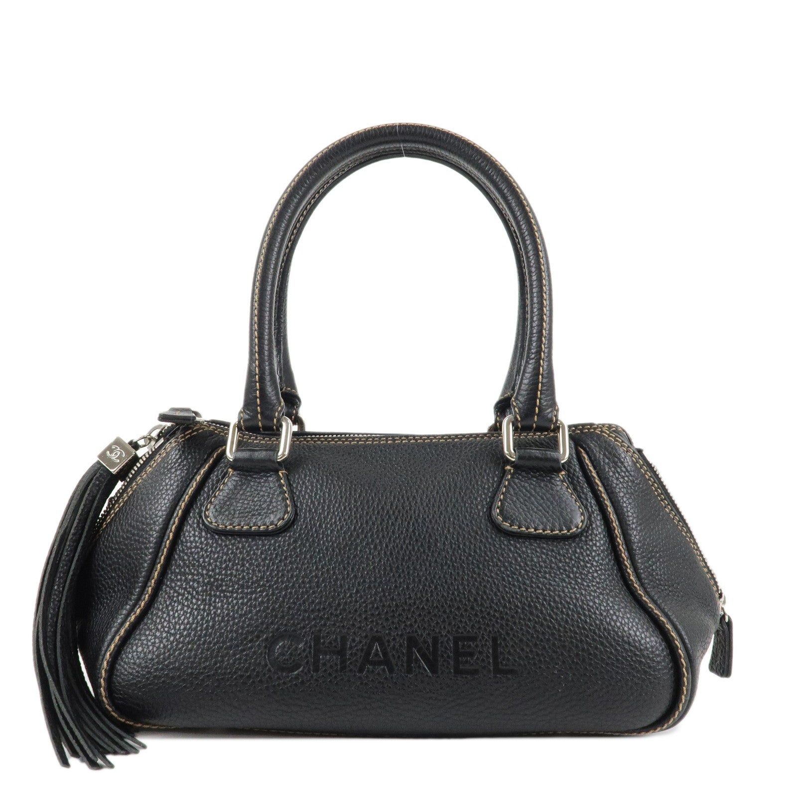 CHANEL-COCO-Mark-Leather-Fringe-Shoulder-Bag-Hand-Bag-Black