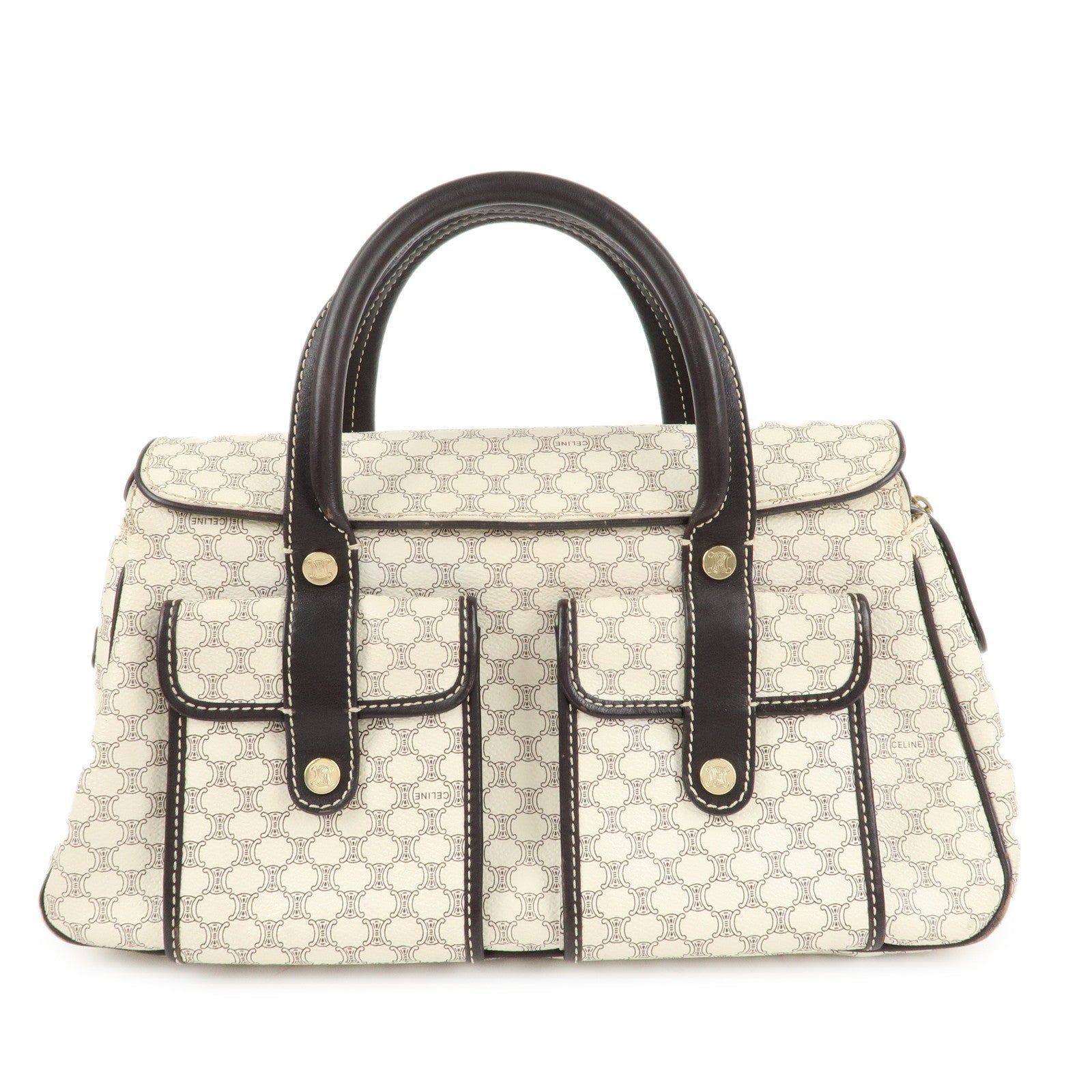 CELINE-Macadam-PVC-Leather-Hand-Bag-White-Dark-Brown