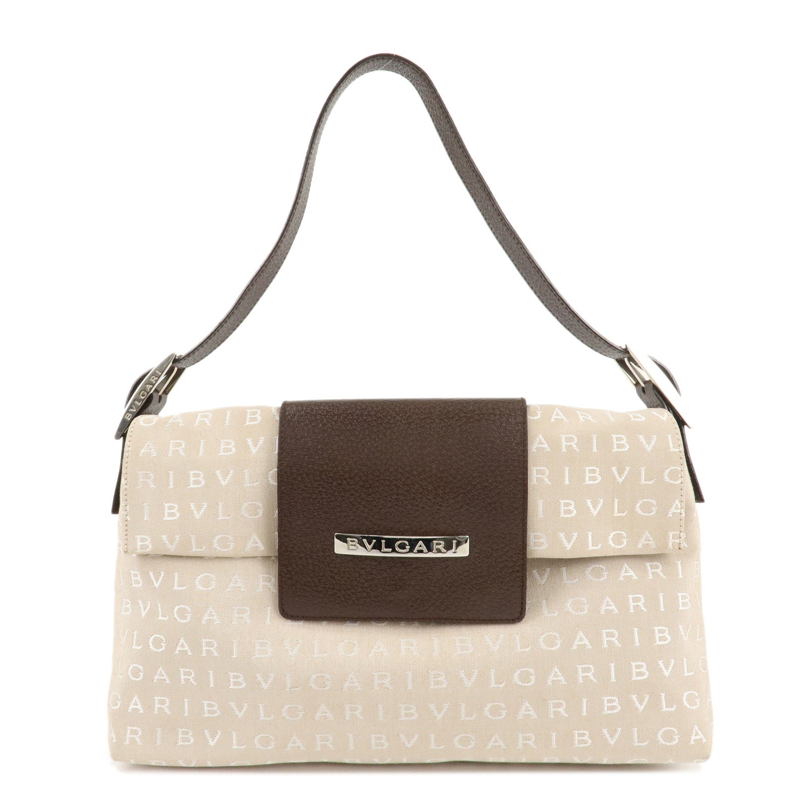 BVLGARI-Logo-Mania-Canvas-Leather-Hand-Bag-Shoulder-Bag-Beige