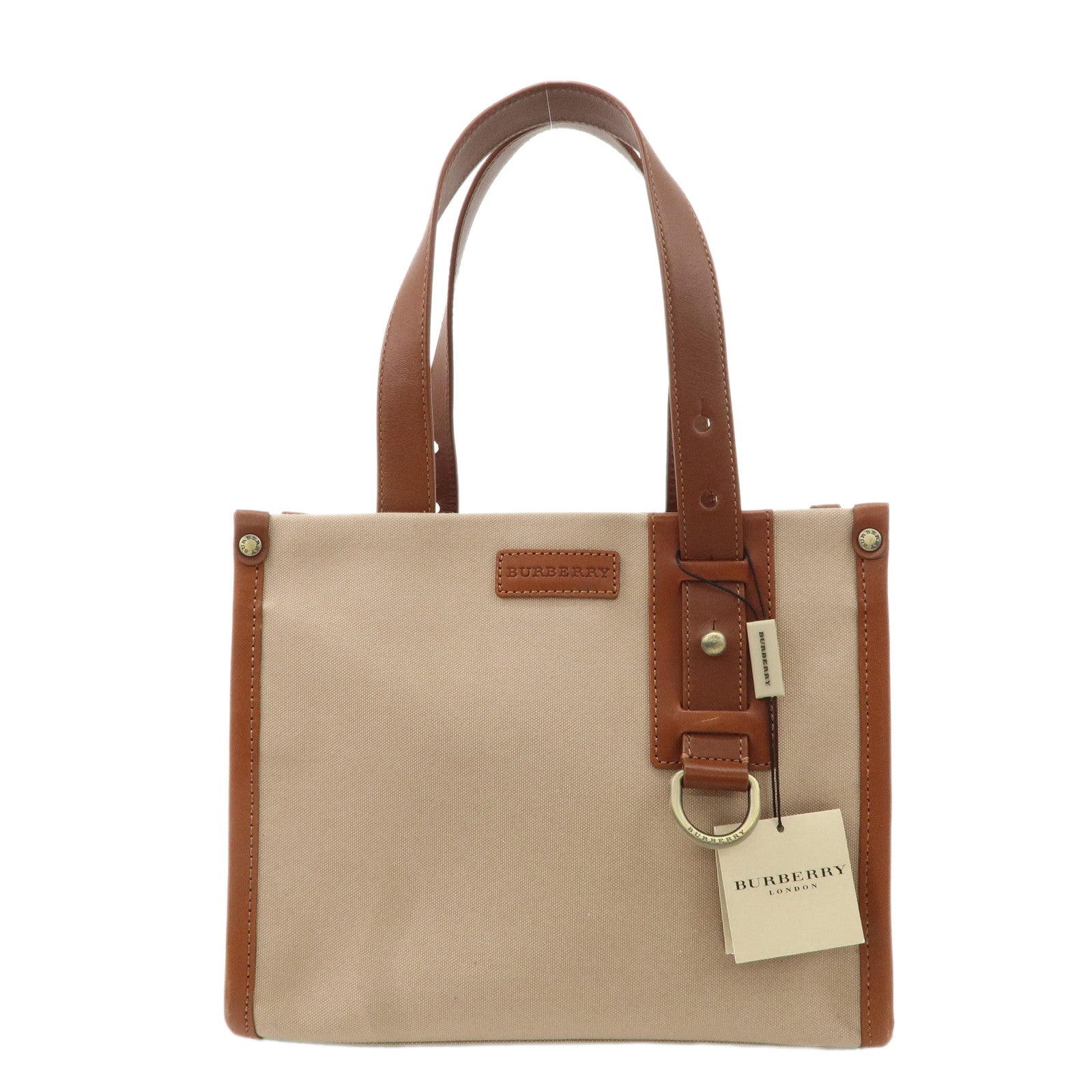 BURBERRY-Leather-Canvas-Tote-Bag-Hand-Bag-Beige-Brown