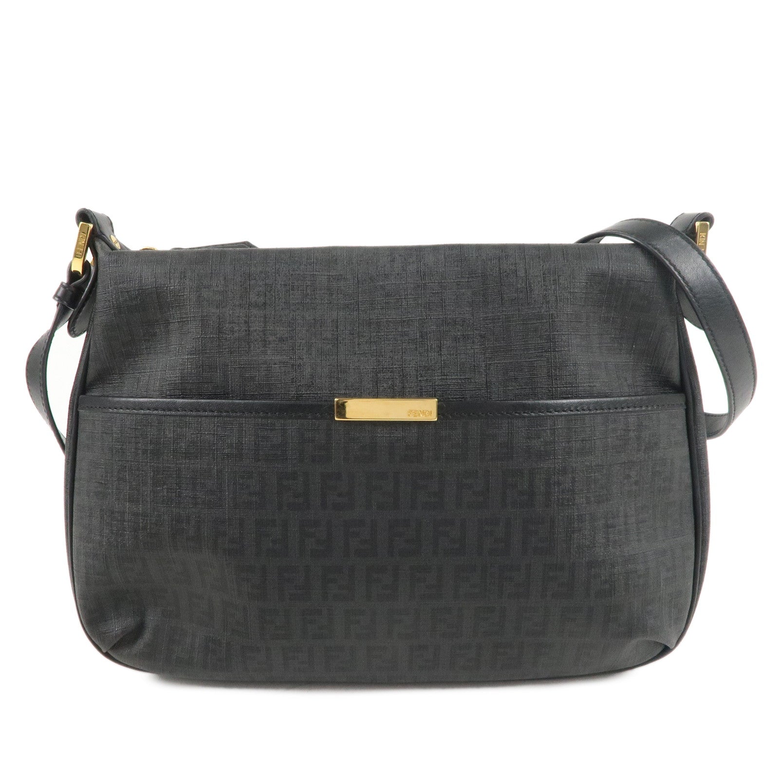 FENDI-Zucchino-Print-PVC-Leather-Shoulder-Bag-Black-8BT206