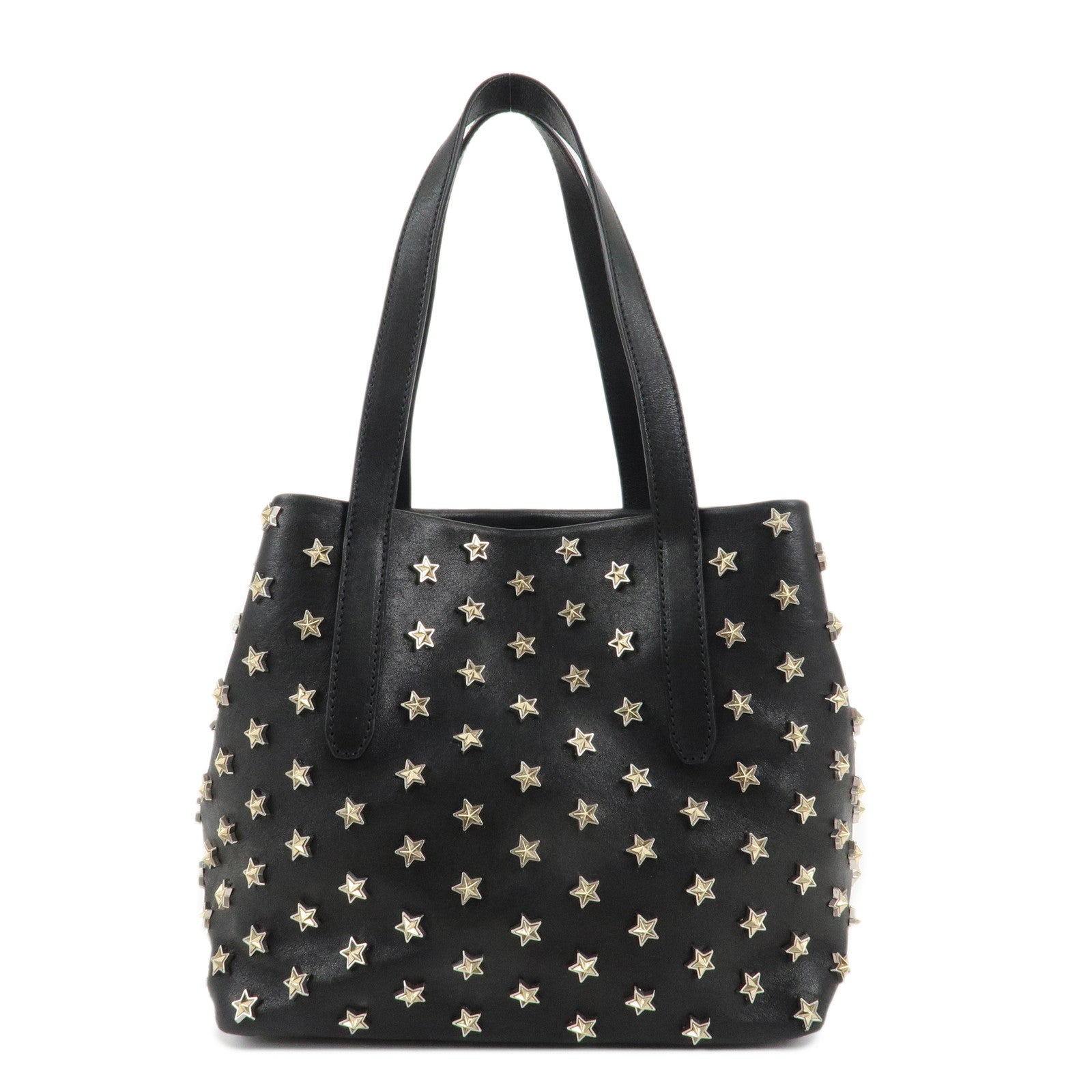 JIMMY-CHOO-Leather-Tote-Bag-Hand-Bag-Star-Studs-Black-Gold-HDW