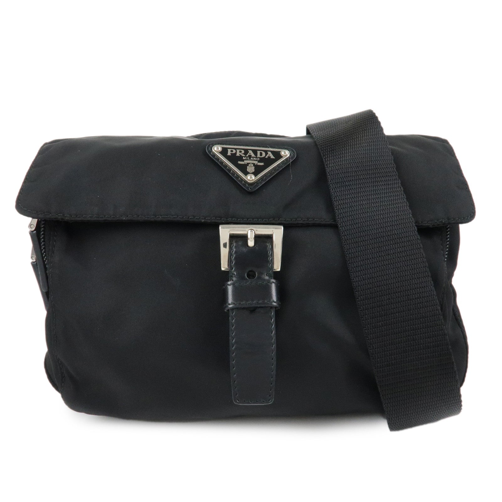 PRADA-Triangle-Logo-Nylon-Leather-Shoulder-Bag-Black