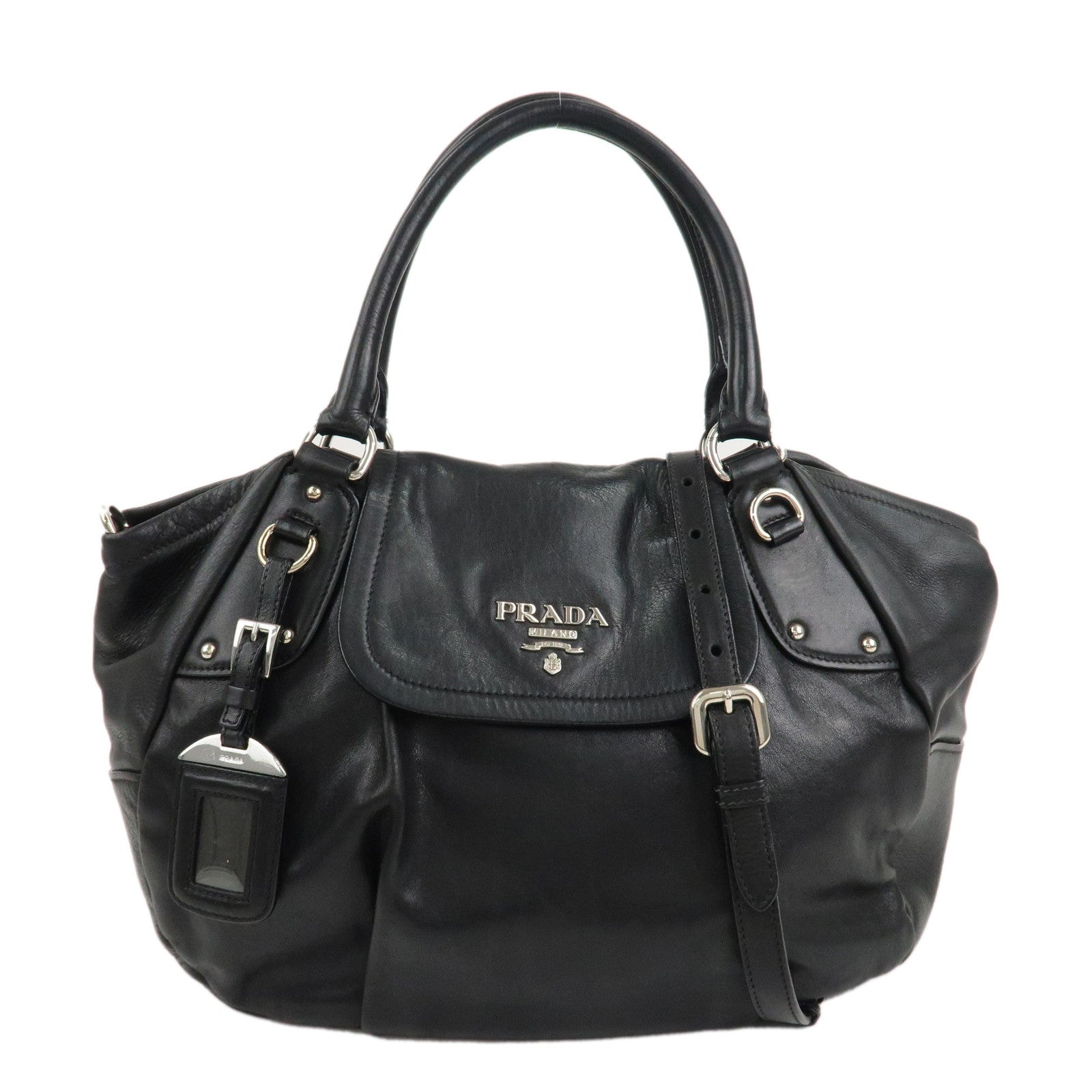 PRADA-Leather-2Way-Bag-Handbag-Shoulder-Black-Silver-HDW