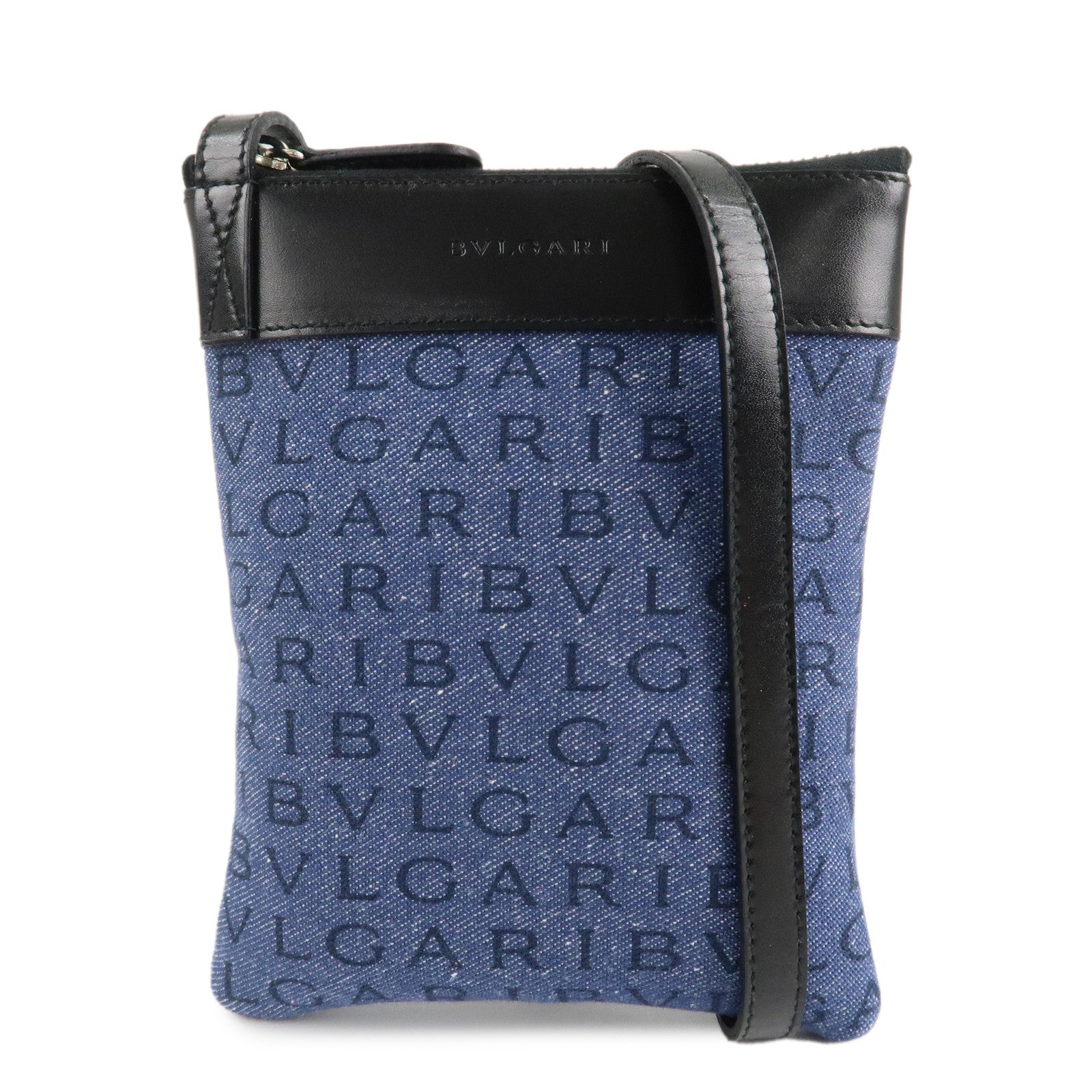 BVLGARI-Logo-Mania-Canvas-Leather-Shoulder-Bag-Blue