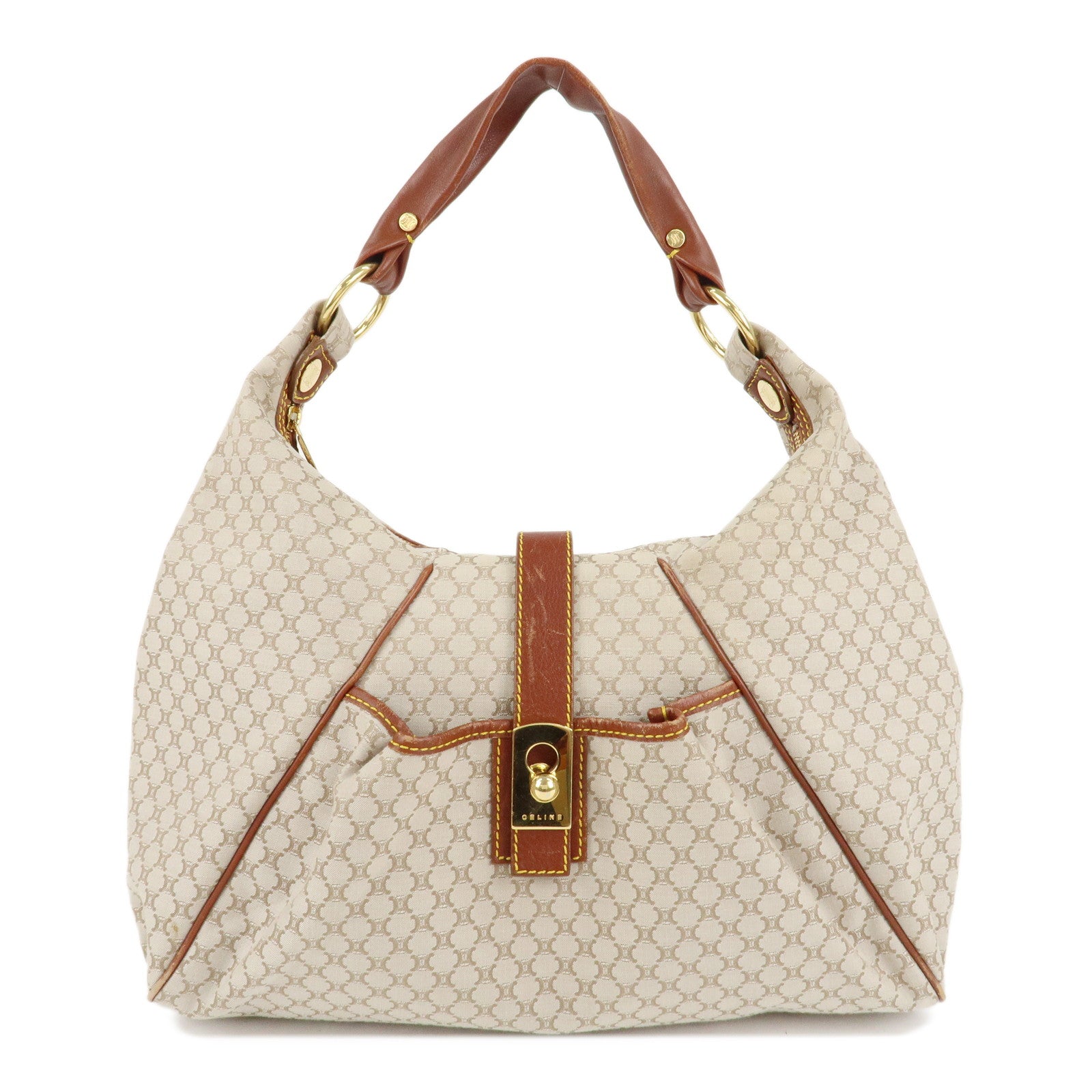 CELINE-C-Macadam-Canvas-Leather-Shoulder-Bag-Hand-Bag-Beige-Brown