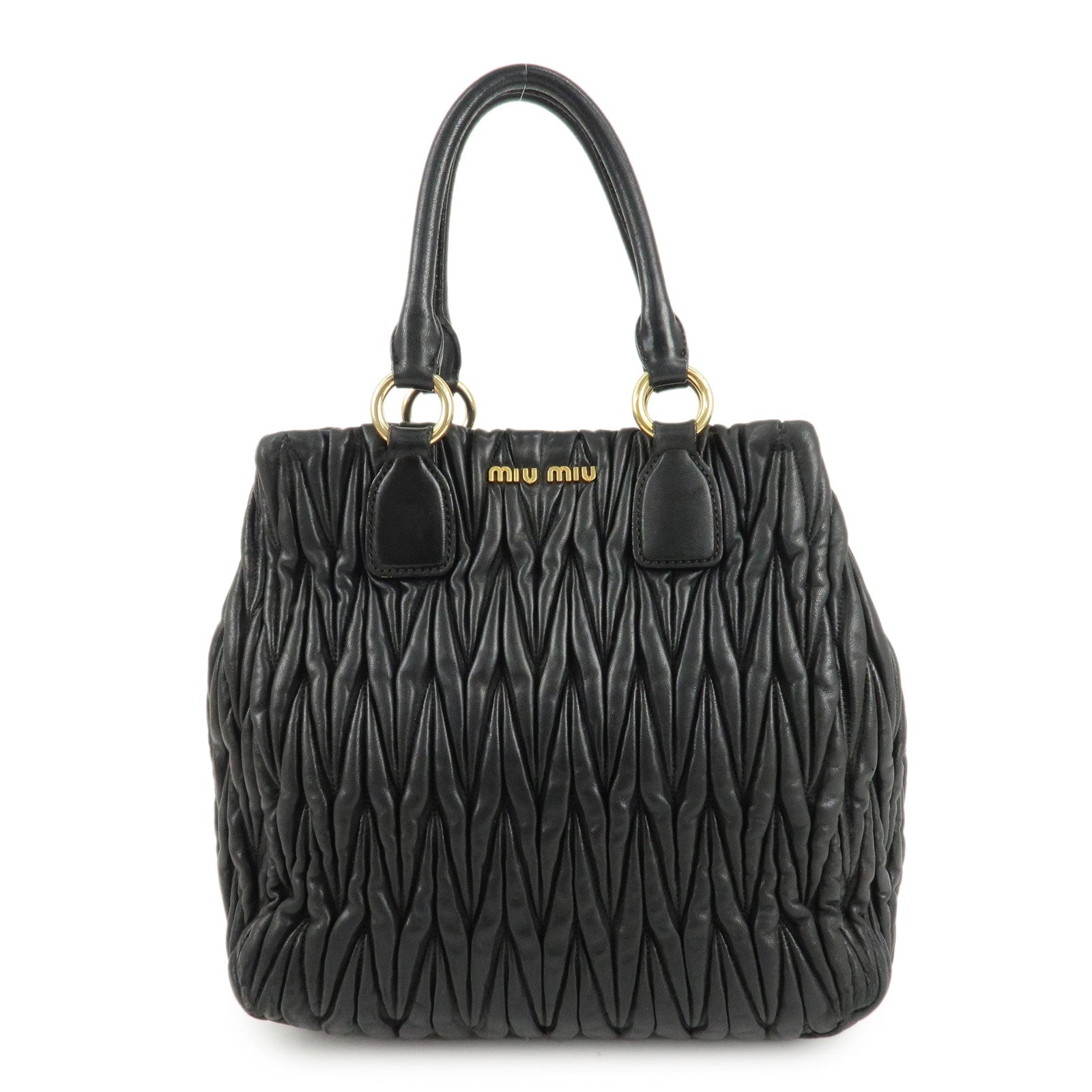 MIU-MIU-Matelasse-Leather-Tote-Bag-Hand-Bag-Black