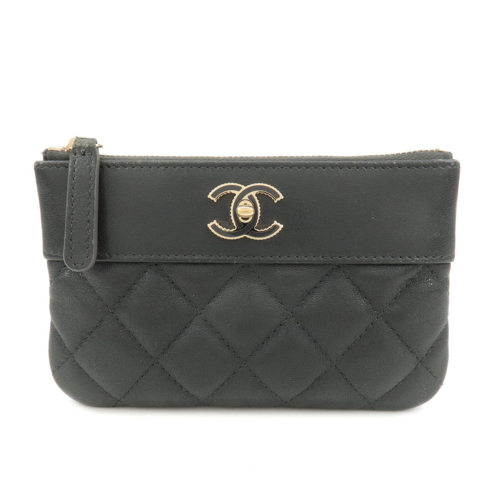 CHANEL-Matelasse-Lamb-Skin-Coco-Mark-Pouch-Black-Gold