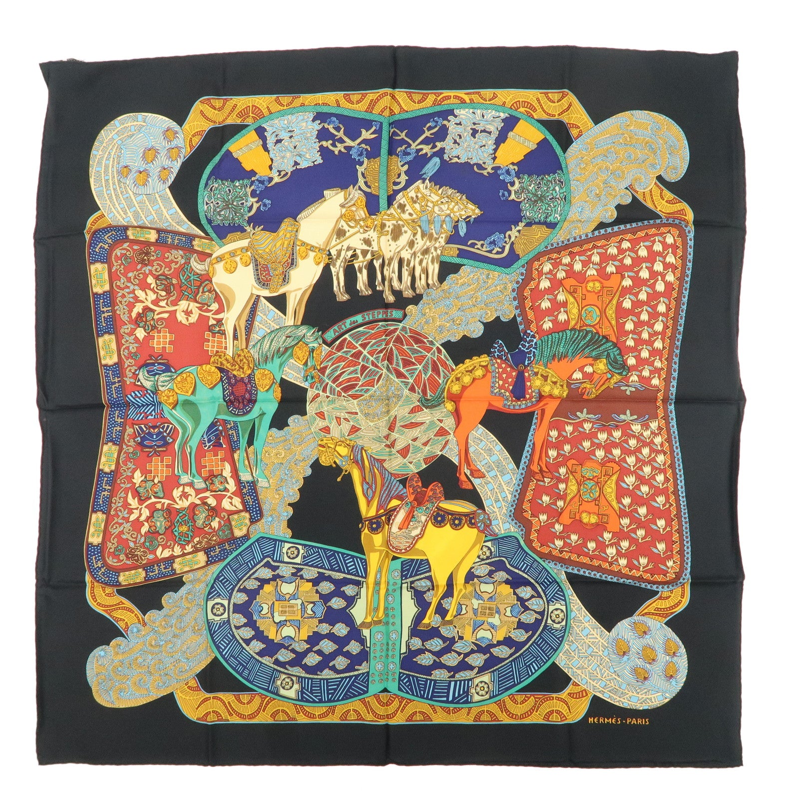 HERMES-Carre-90-Silk-100%-Scarf-Art-des-STEPPES-Step-Museum