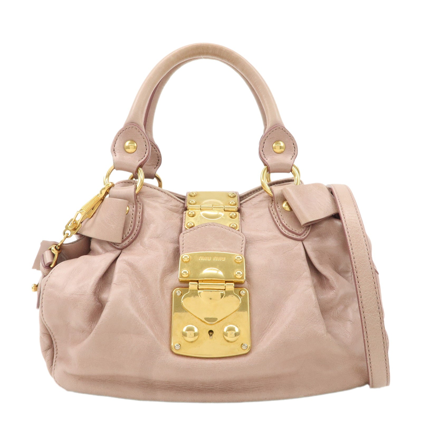 MIU-MIU-Leather-2WAY-Bag-Hand-Bag-Shoulder-Bag-Gold-HDW-Beige