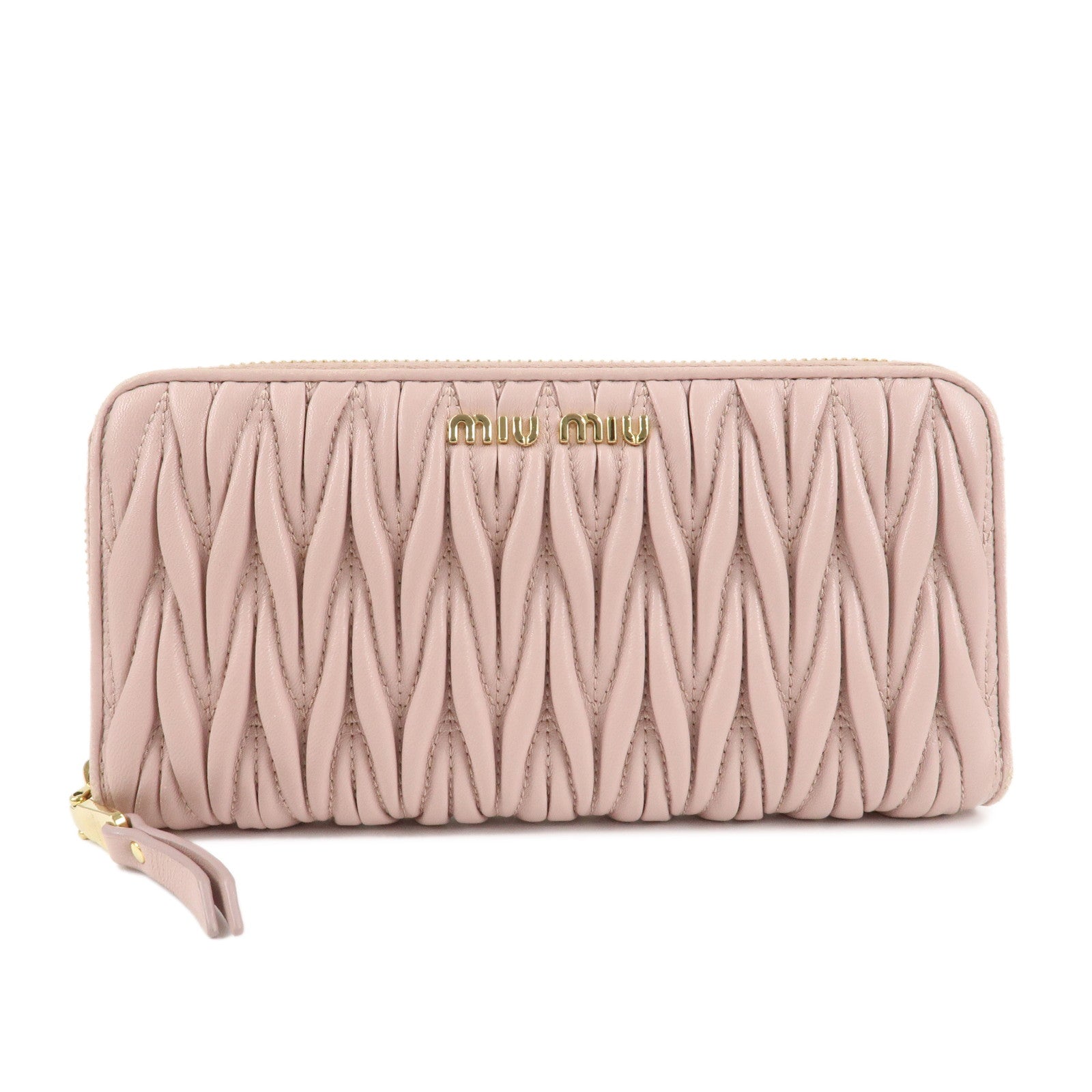 MIU-MIU-Matelasse-Leather-Round-Zipper-Long-Wallet-Pink-Beige