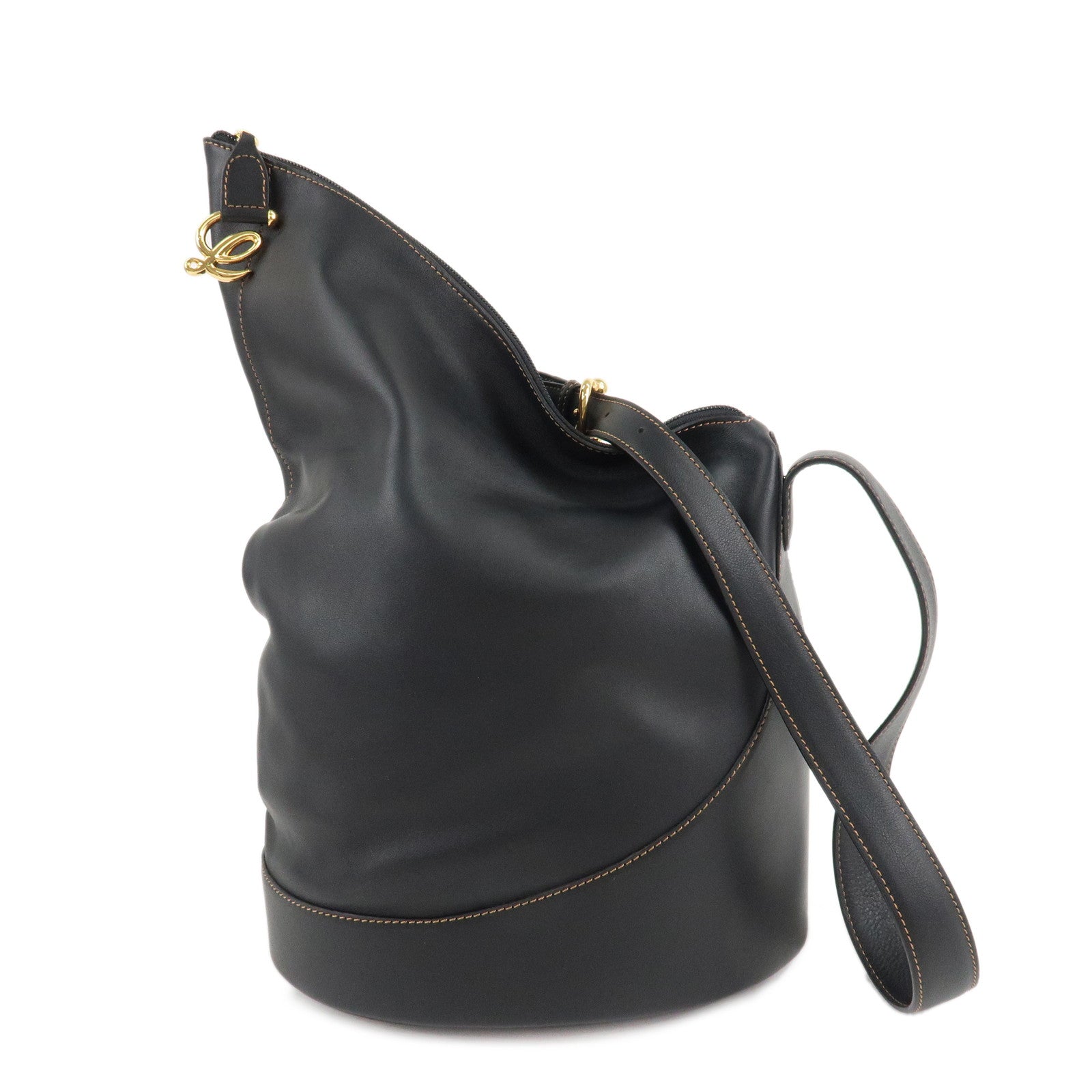 LOEWE-Leather-Anton-Shoulder-Bag-Tote-Bag-Black-Gold-Hardware