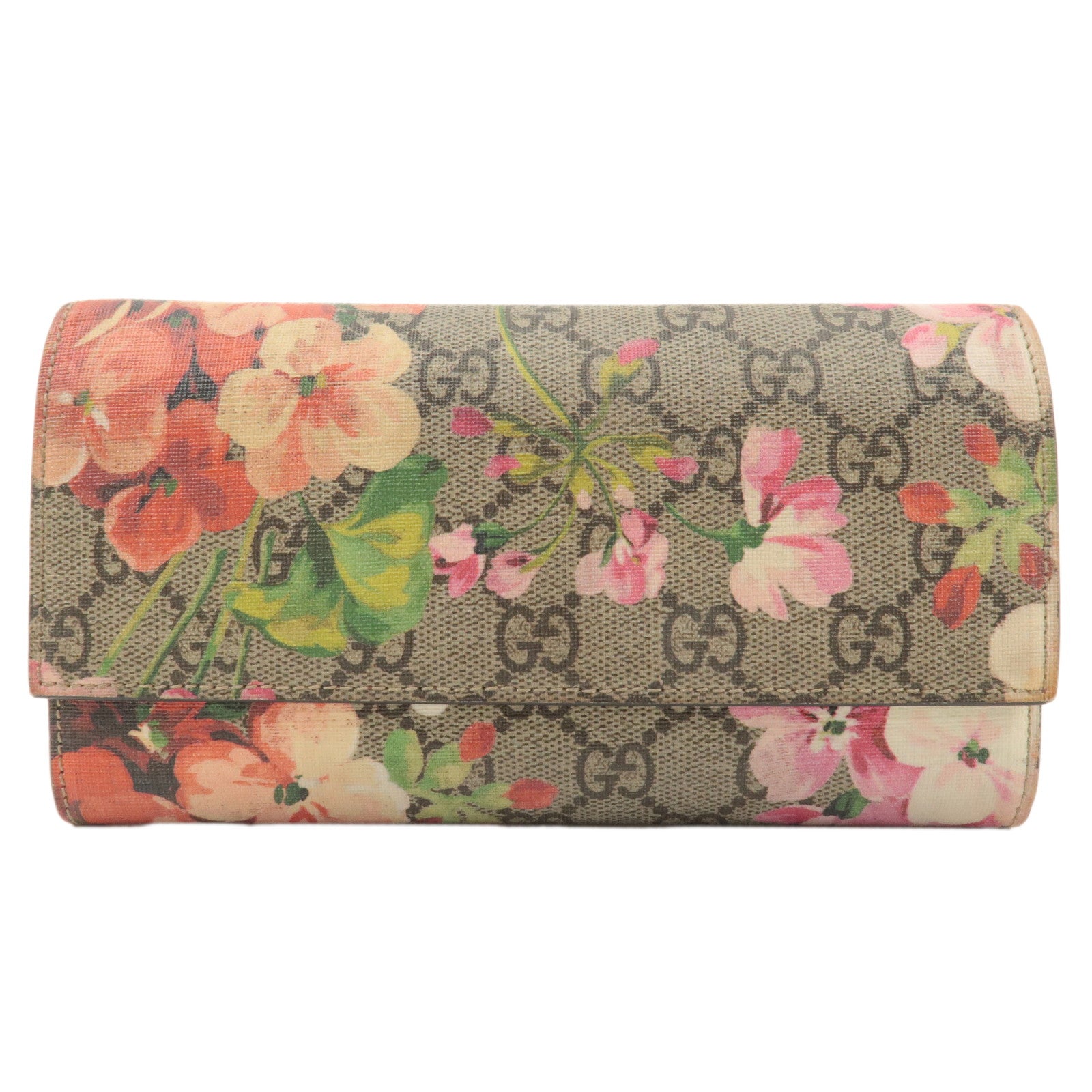 GUCCI GG Supreme Flower Bi Fold Long Wallet Beige Pink Red 404070