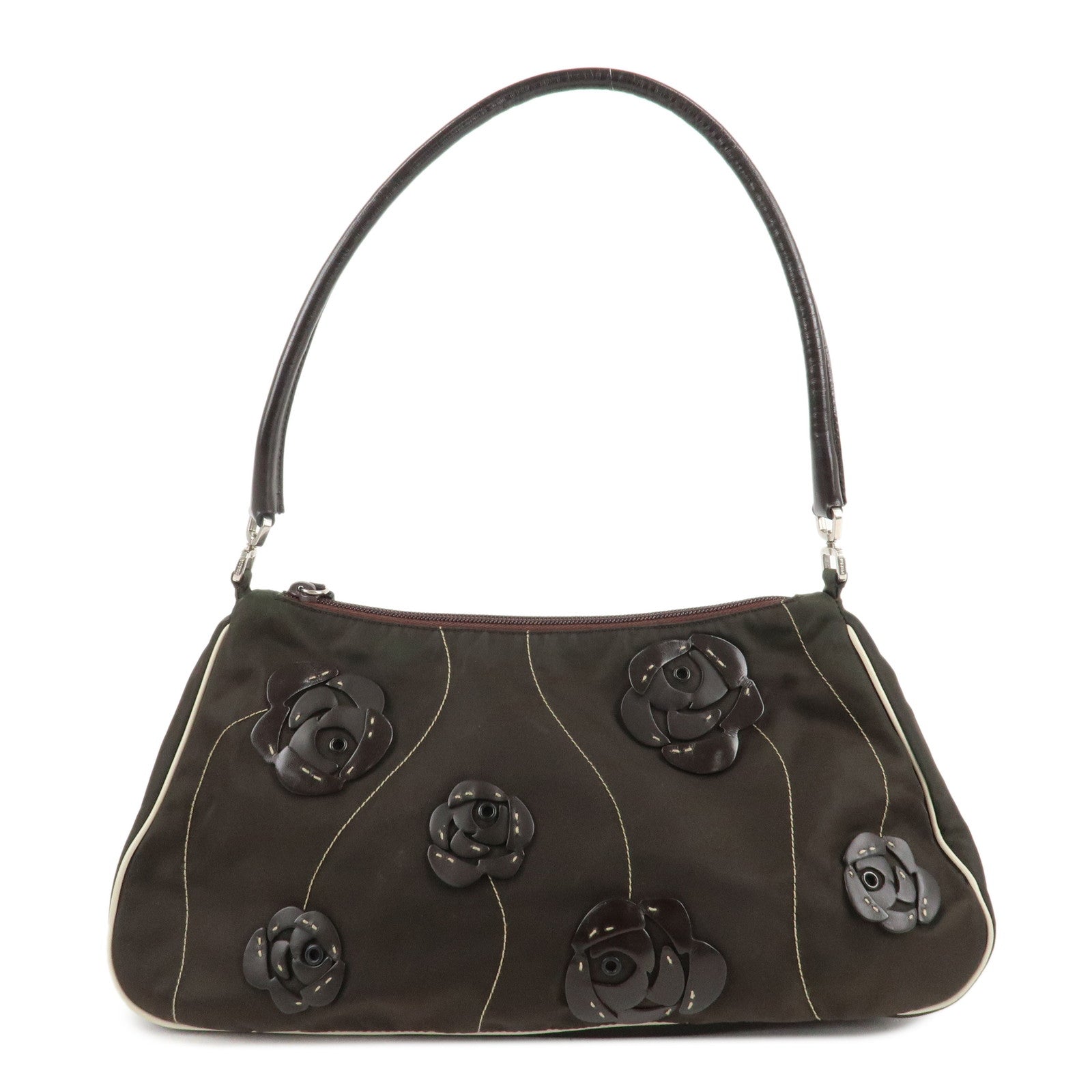 PRADA-Nylon-Leather-Shoulder-Bag-Flower-Motif-Green-Brown