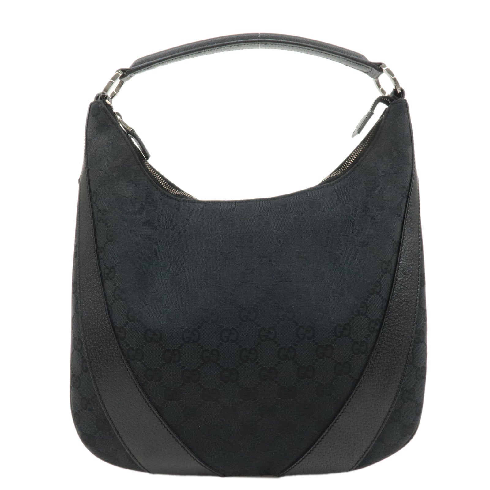 GUCCI GG Canvas Leather Shoulder Bag Black Silver HDW 124357