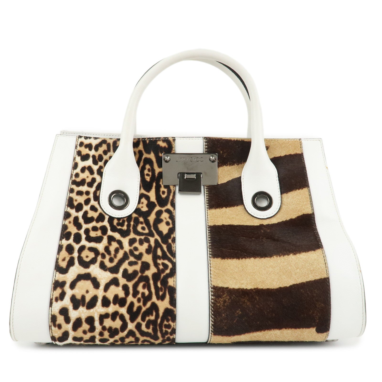 JIMMY-CHOO-Leather-Unborn-Calf-Hand-Bag-Leopard-White-Brown