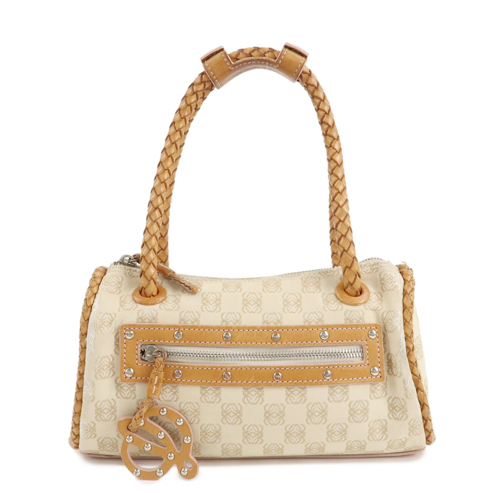 LOEWE-Anagram-Canvas-Leather-Shoulder-Bag-Boston-Bag-Beige-Brown