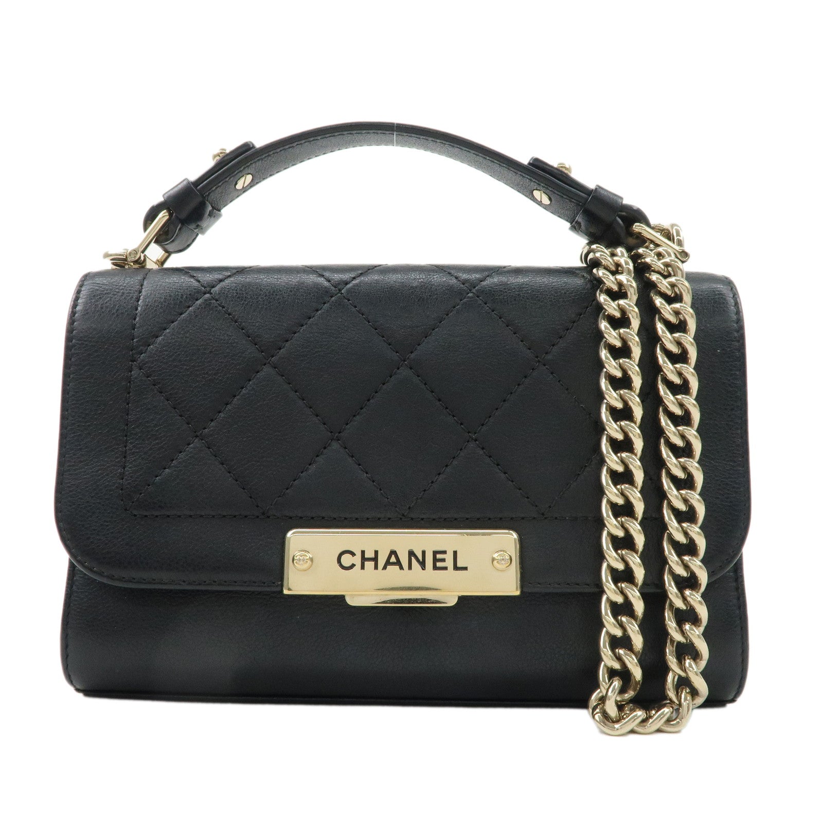 CHANEL-Logo-Leather-2WAY-Shoulder-Bag-Black-Gold-Hardware