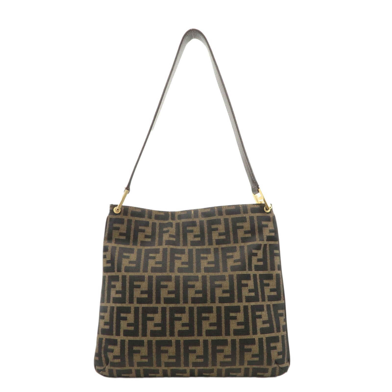 FENDI-Zucca-Canvas-Leather-Shoulder-Bag-Brown-Black-Gold-Hardware