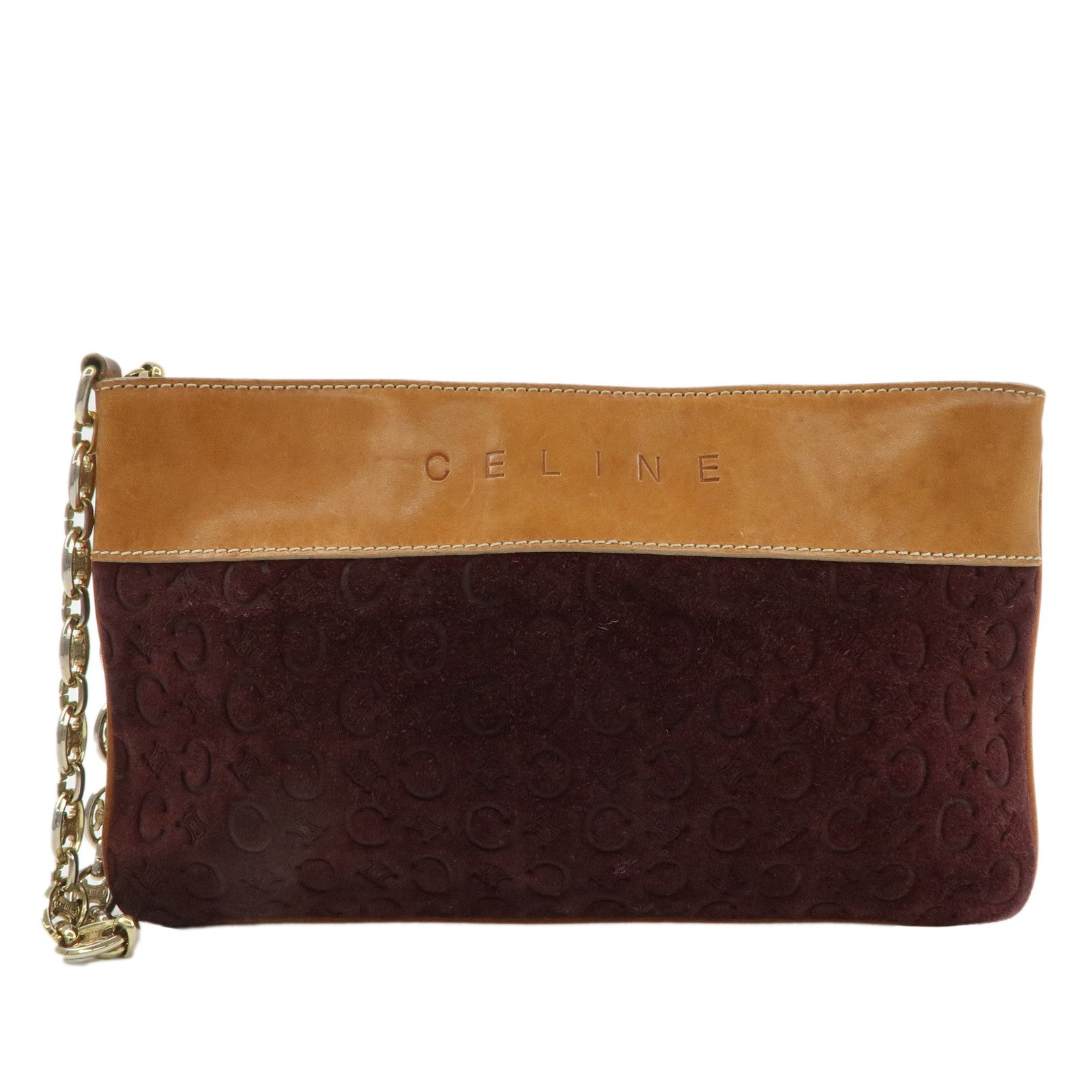 CELINE-C-Macadam-Suede-Leather-Chain-Clutch-Bag-Hand-Bag-Brown