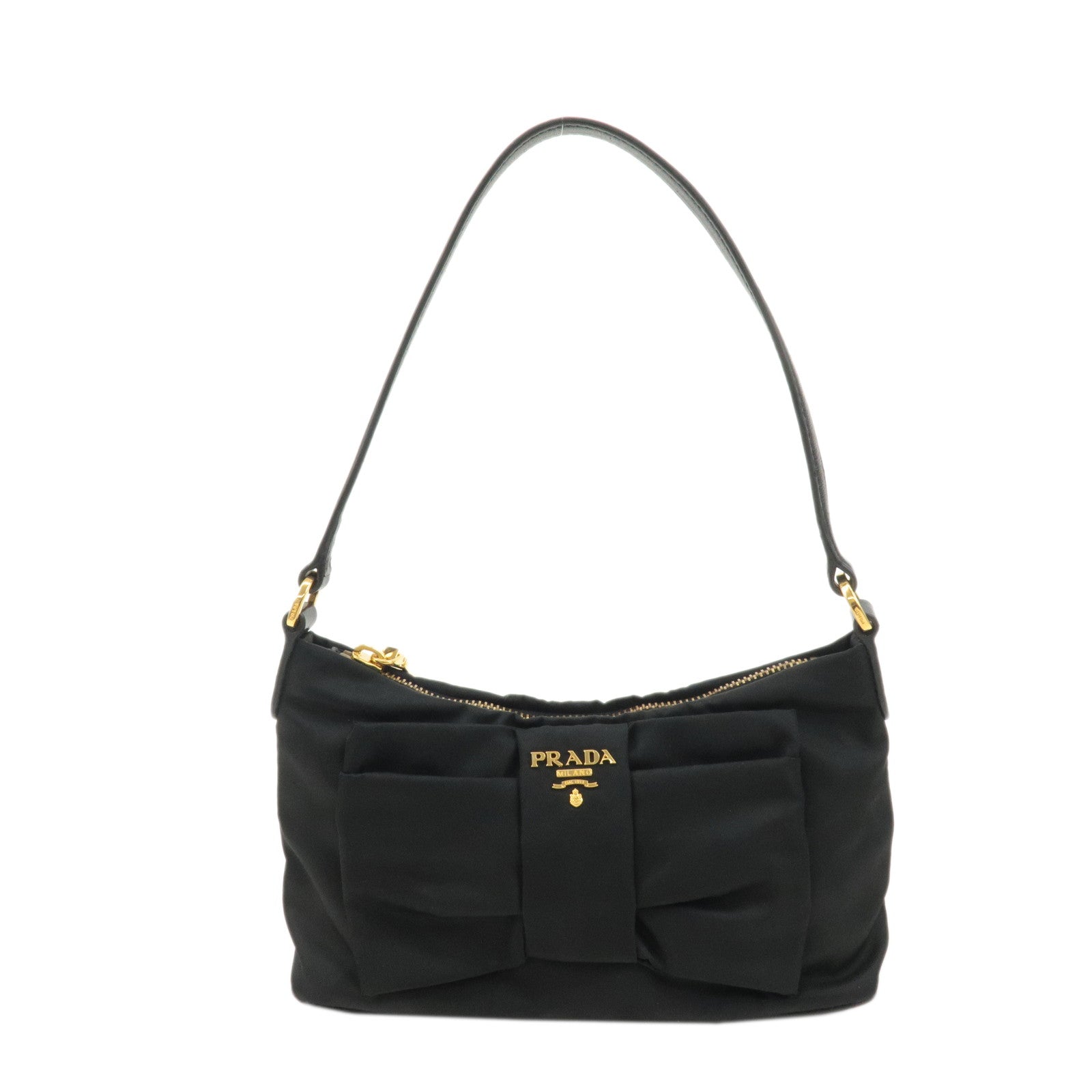 PRADA Leather Ribbon Pouch Shoulder Bag Black 1N1439