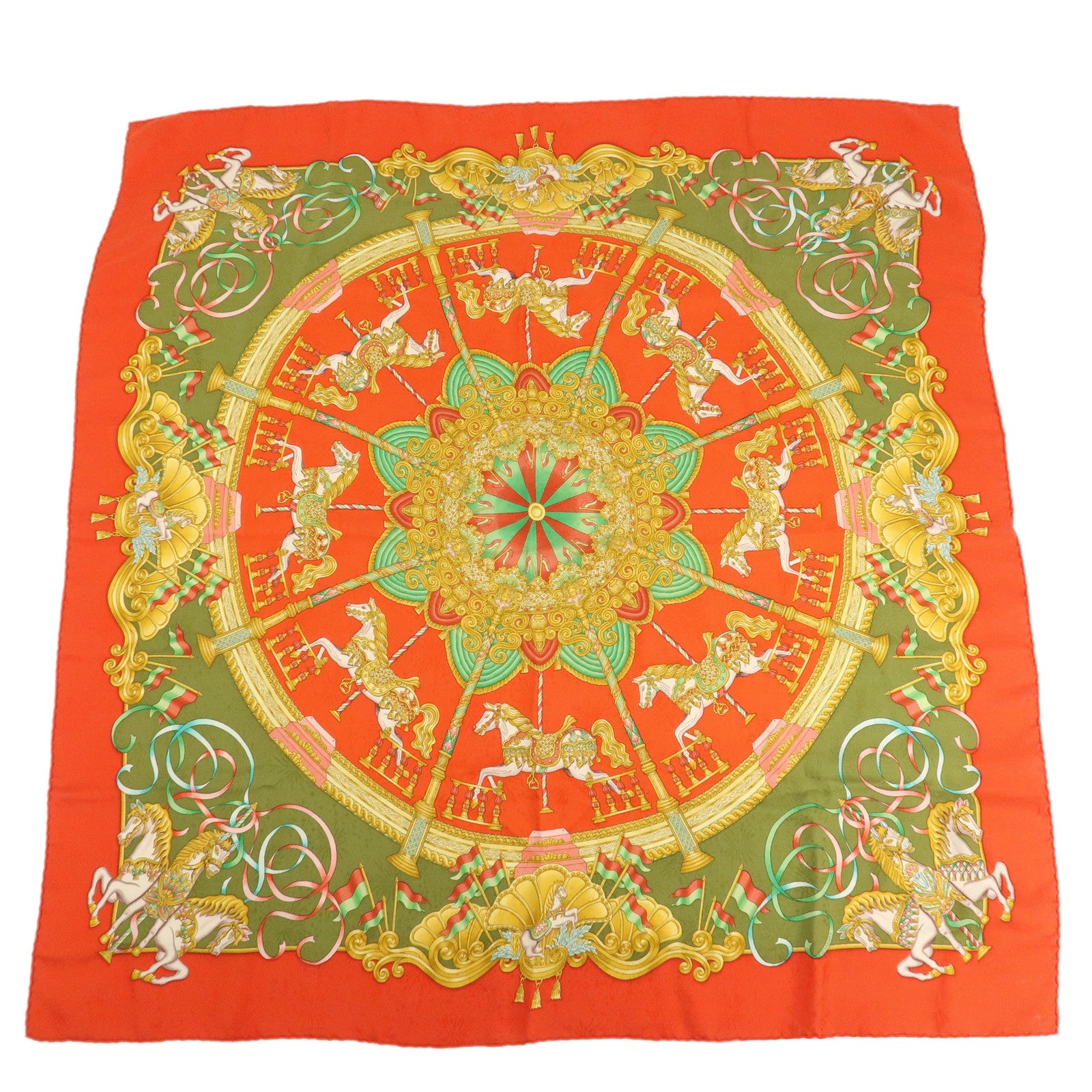 HERMES-Carre-90-Silk-100%-Scarf-Luna-Park-Red-Gold-Green