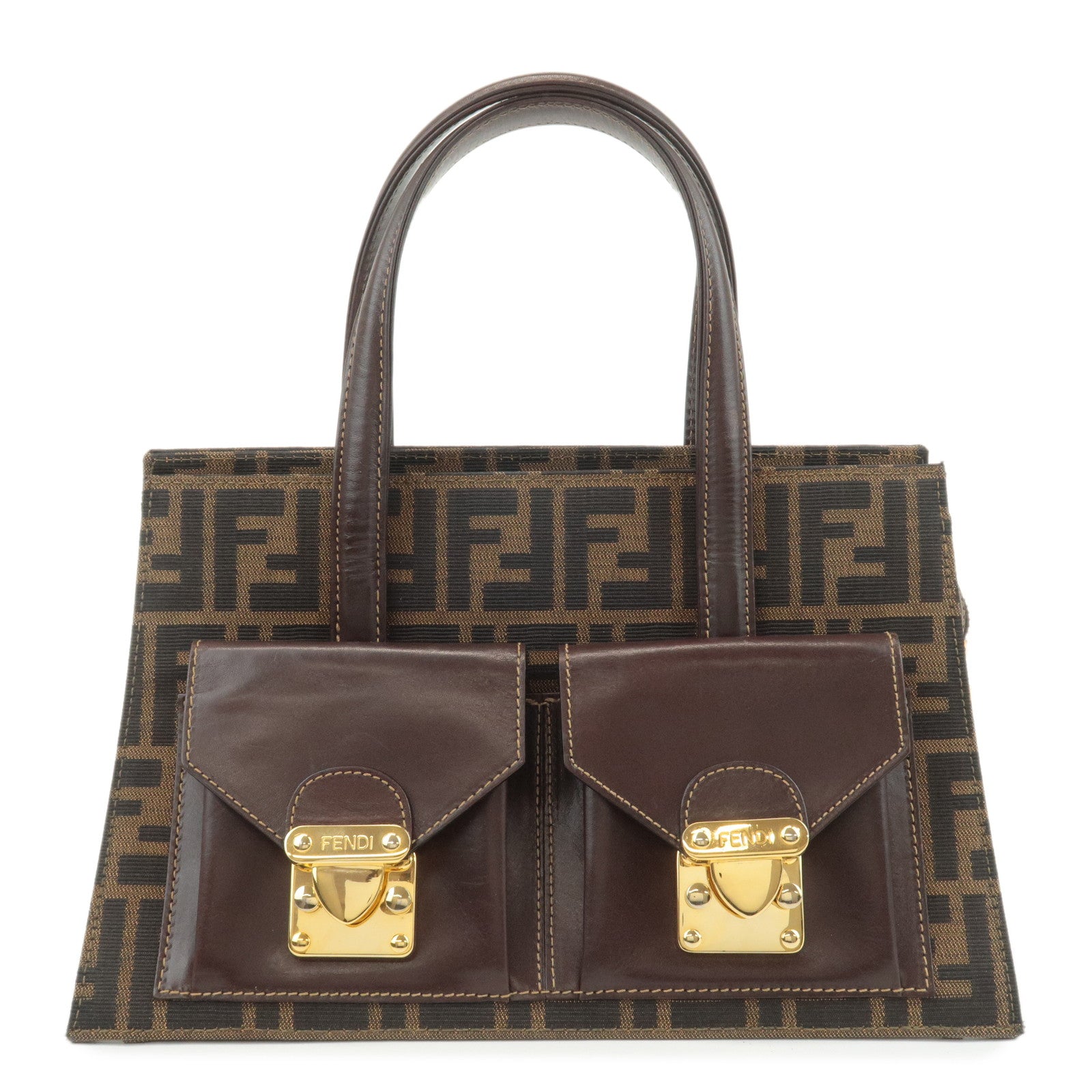 FENDI-Zucca-Canvas-Leather-Boston-Bag-Hand-Bag-Brown-Black