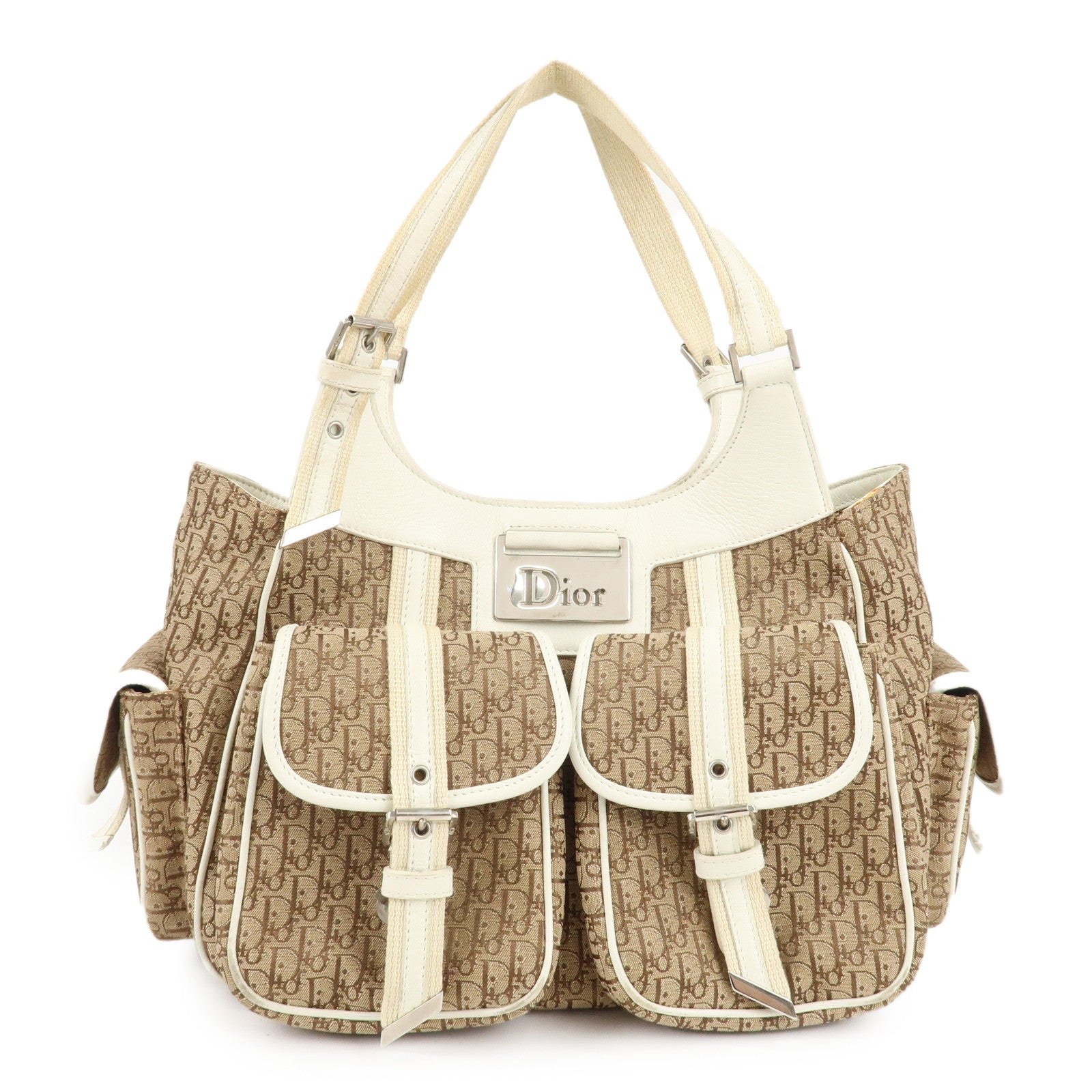 Christian-Dior-Canvas-Leather-Tote-Bag-Beige-White