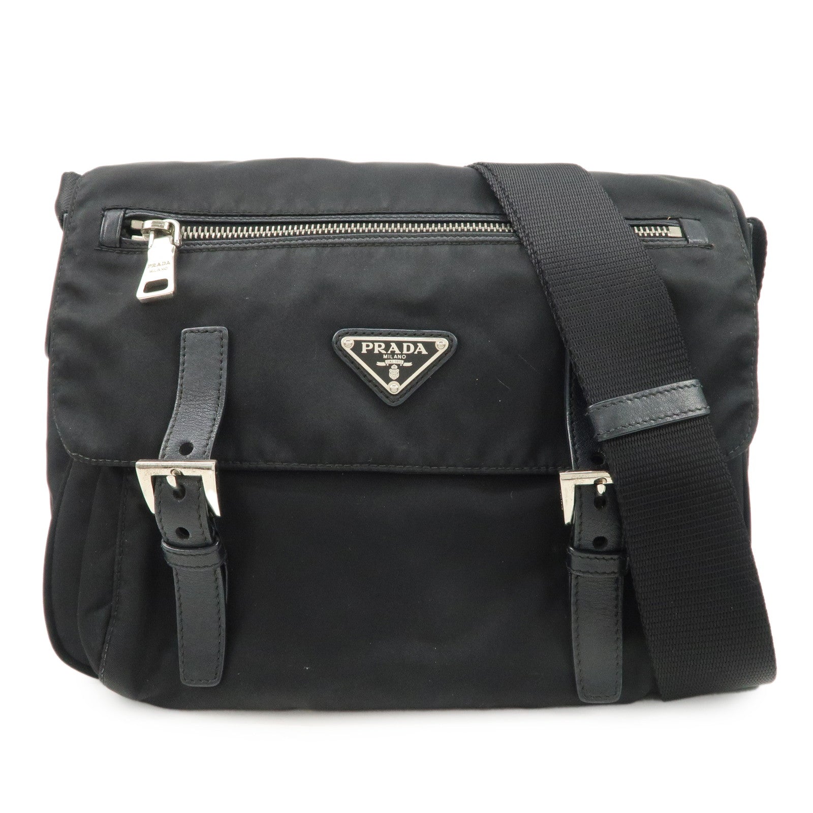 PRADA-Nylon-Leather-Triangle-Logo-Shoulder-Bag-Black-BT0713