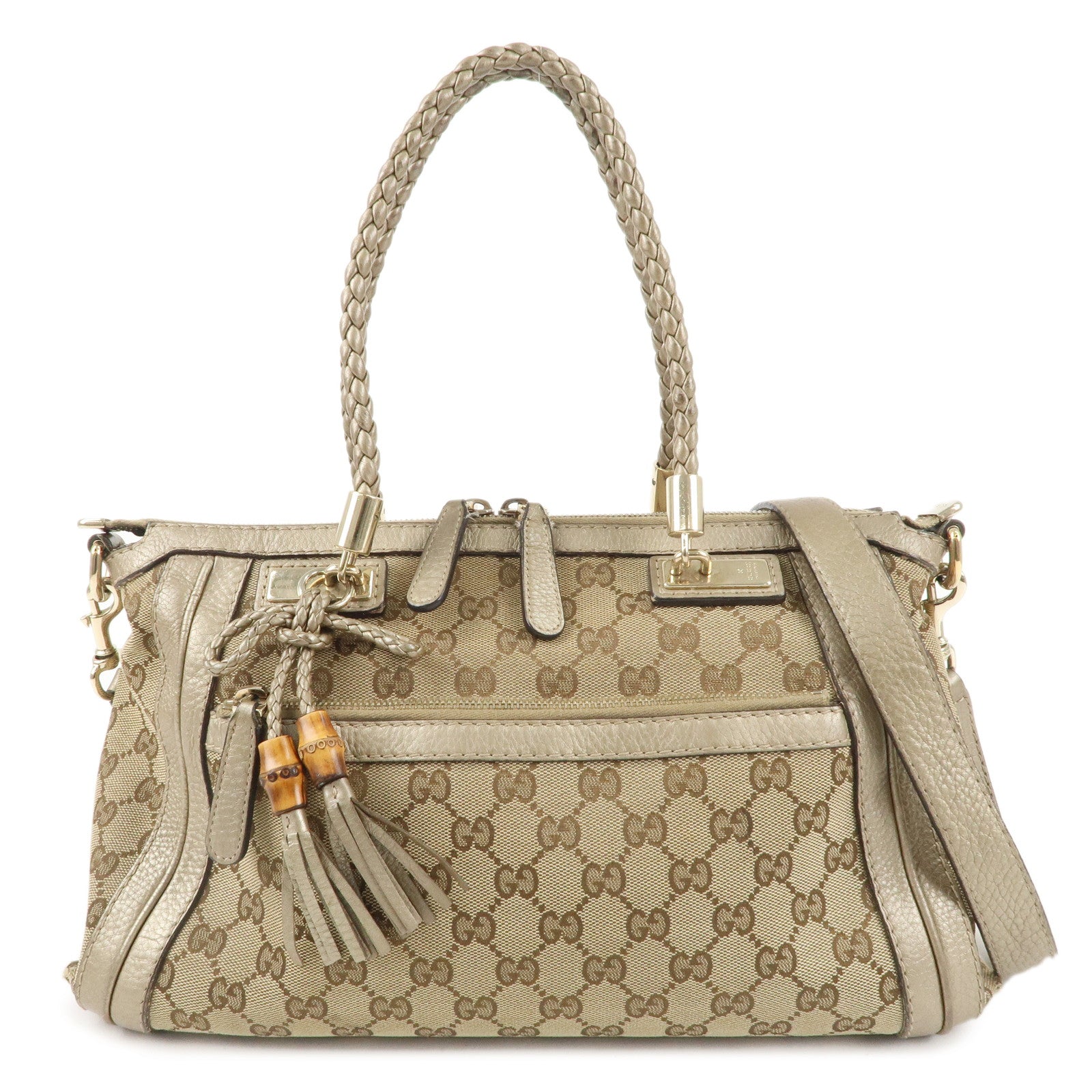 GUCCI-GG-Canvas-Leather-2Way-Shoulder-Bag-Beige-Gold-282300