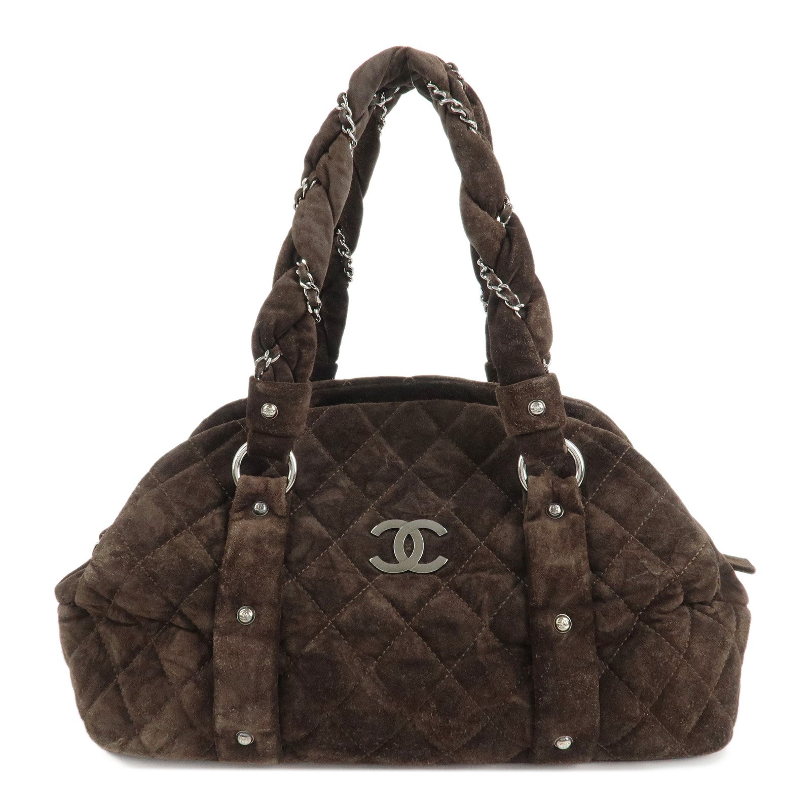 CHANEL-Matelasse-Suede-Boston-Bag-Brown-Silver-Hardware