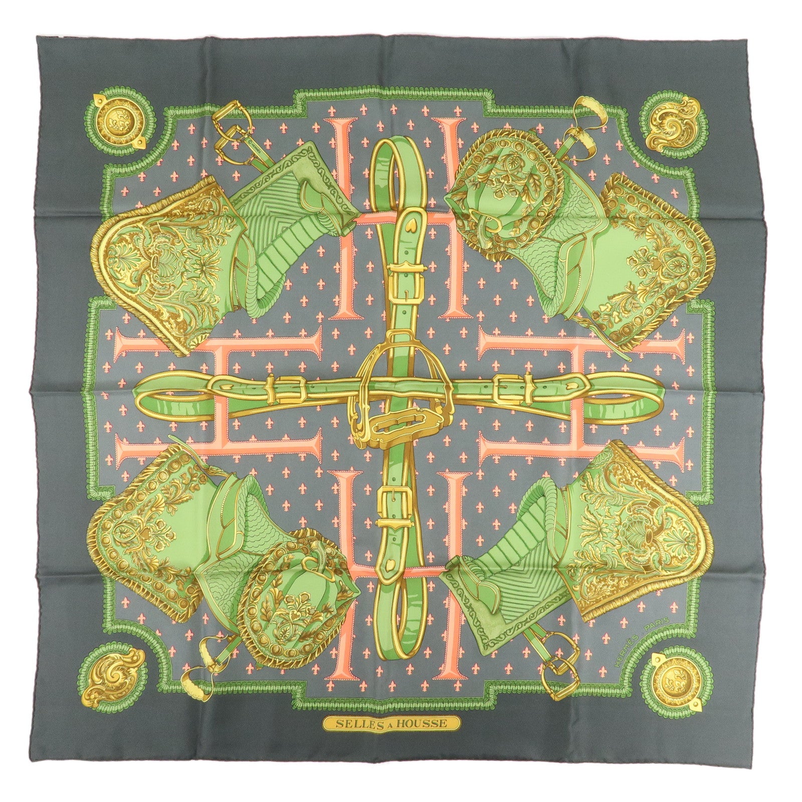 HERMES-Carre-90-Silk-100%-Scarf-SELLES-A-HOUSSE-Gray-Green-Pink